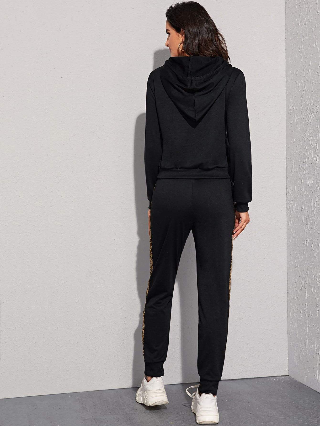 Black Contrast Leopard Drawstring Hoodie With Joggers