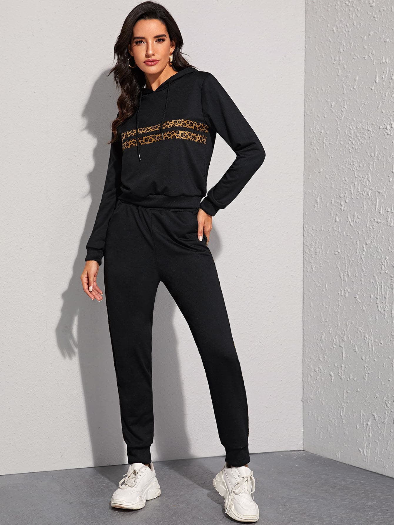 Black Contrast Leopard Drawstring Hoodie With Joggers