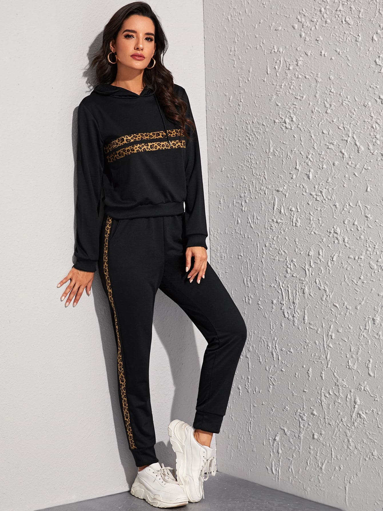 Black Contrast Leopard Drawstring Hoodie With Joggers