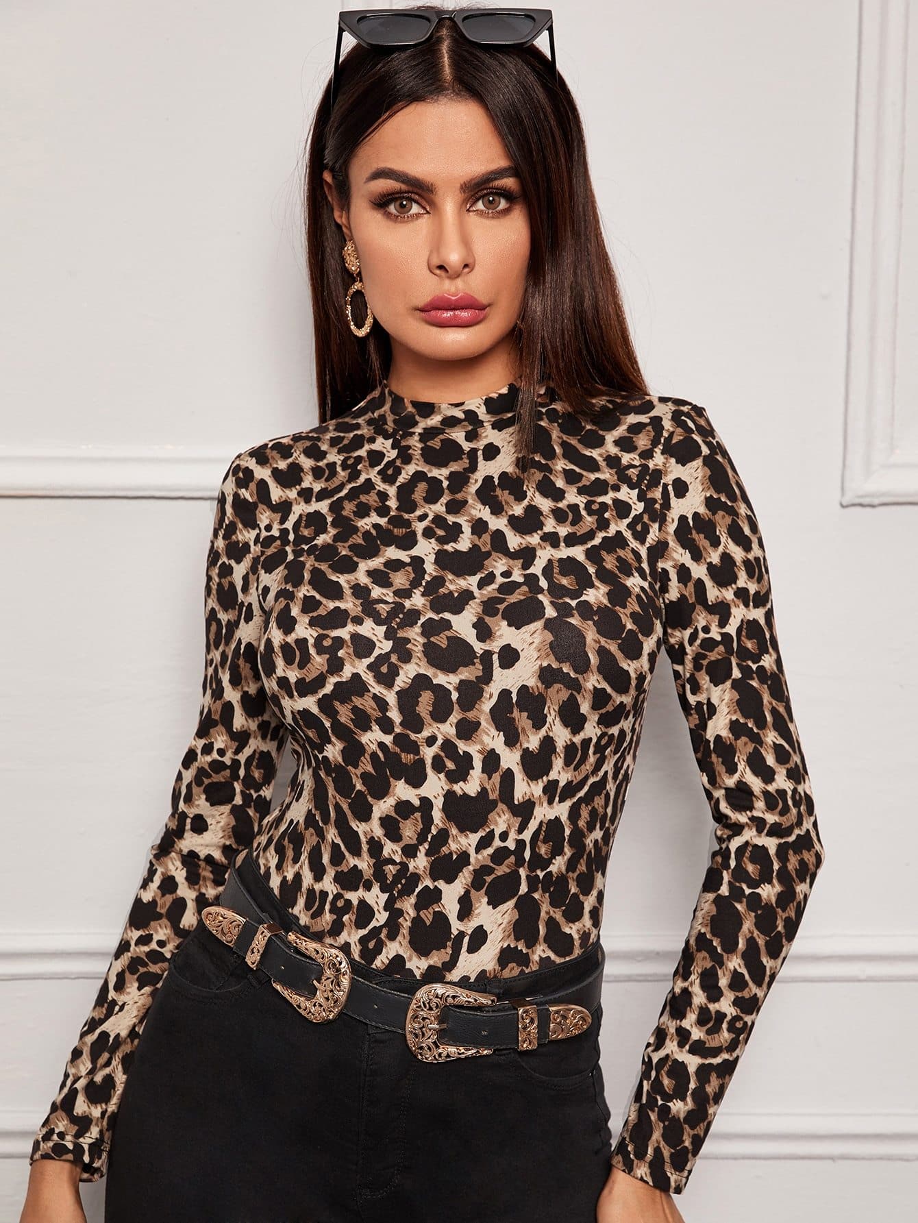 Mock neck leopard top sale