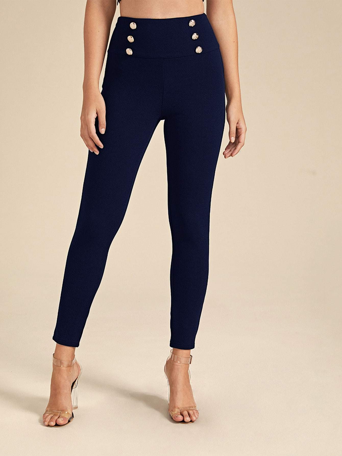 Wide Waistband Double Button Skinny Pants