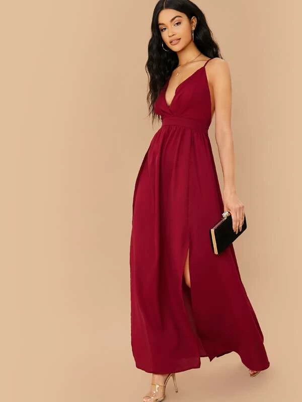 Sleeveless Crisscross Open Back High Split Halter Dress