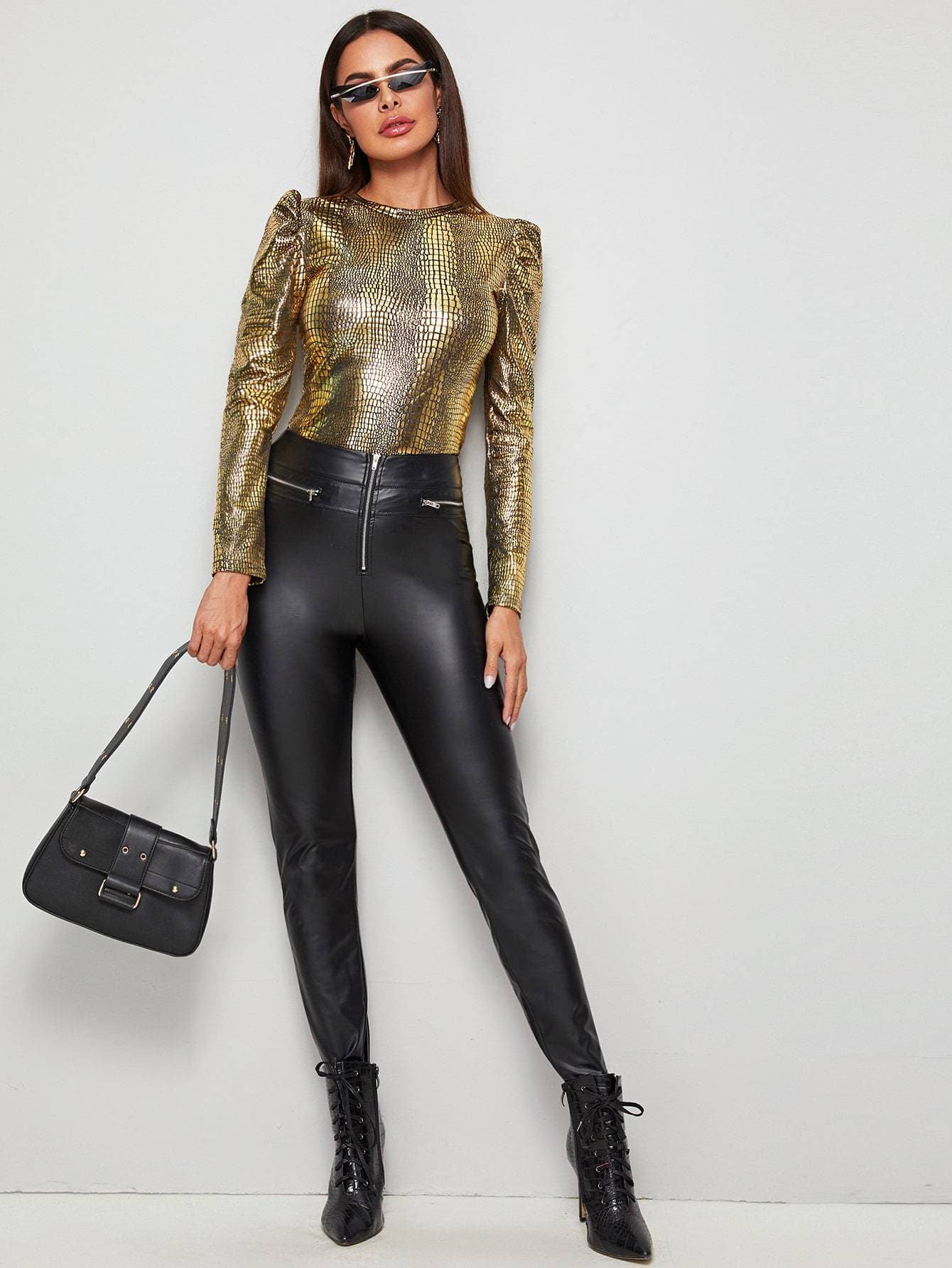 Round Neck Metallic Crocodile Puff Sleeve Fitted Tee Top