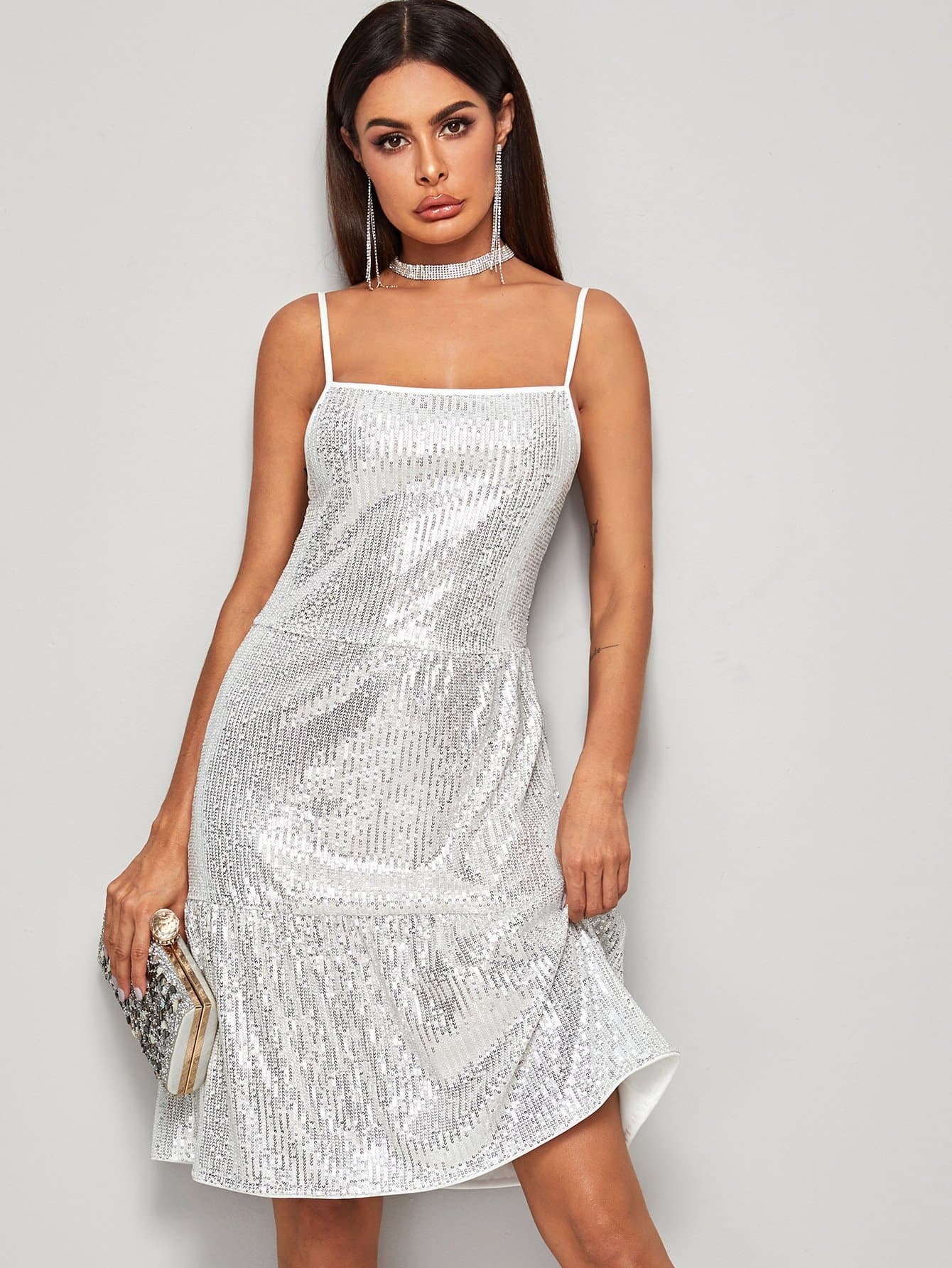Grey Spaghetti Strap Sleeveless Contrast Sequin Metallic Cami Dress
