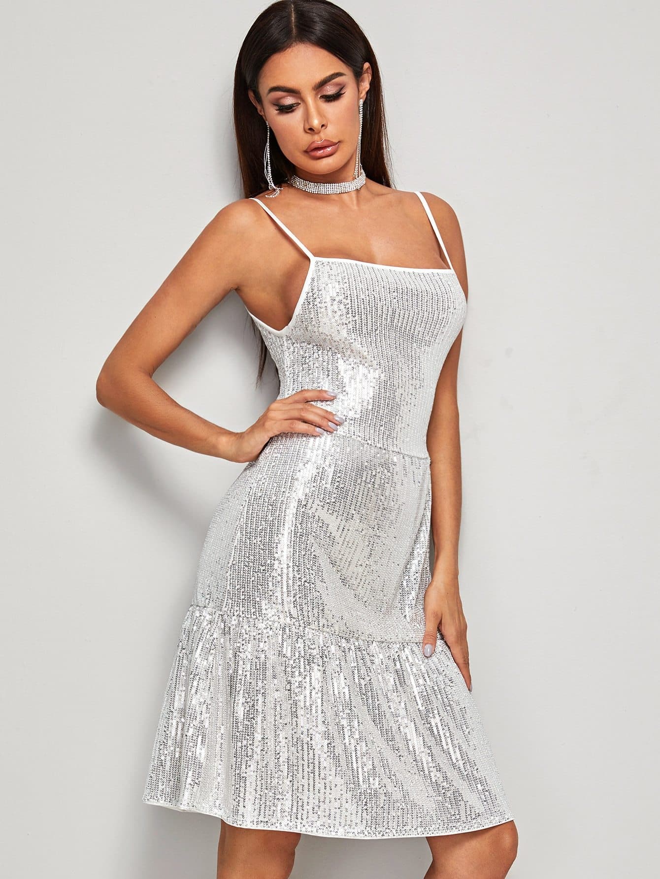 Grey Spaghetti Strap Sleeveless Contrast Sequin Metallic Cami Dress