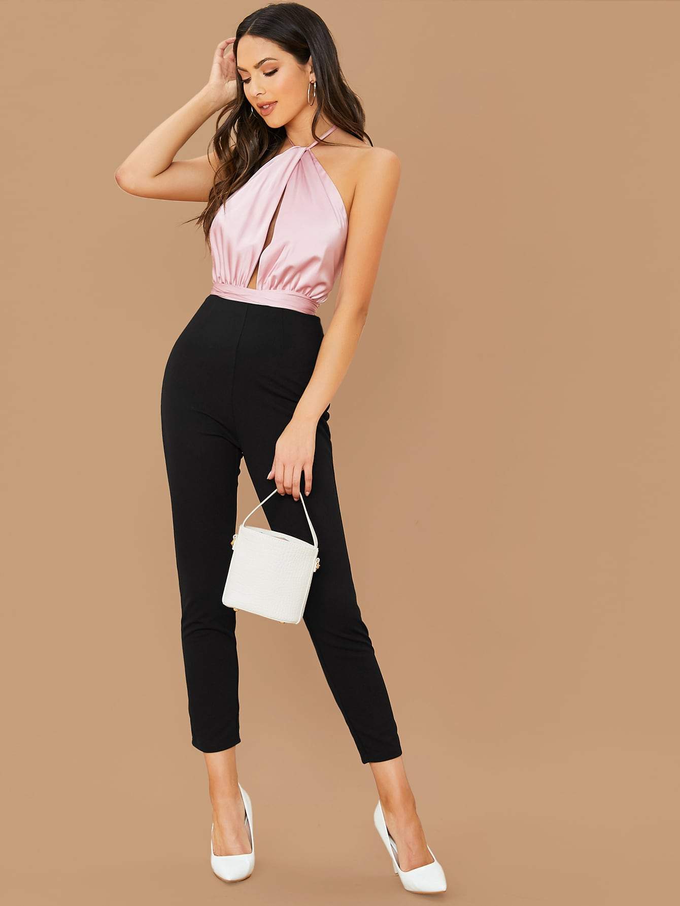 Sleeveless Backless Halterneck Split Front Combo Jumpsuit