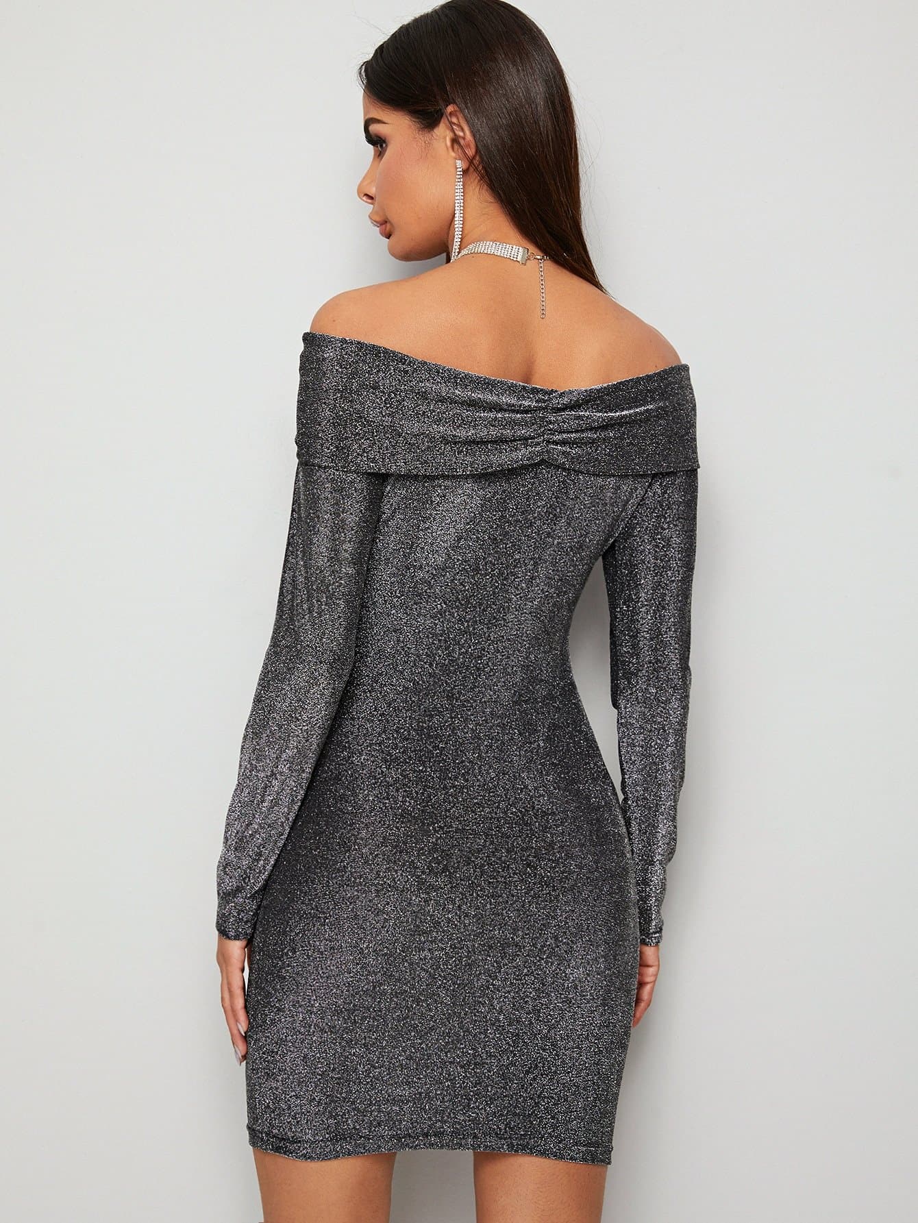 Grey Sparkly Glitter Off Shoulder Ruched Mini Slim Fit Dress