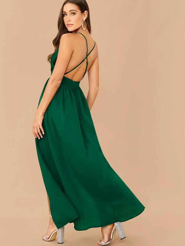 Sleeveless Crisscross Open Back High Split Halter Dress
