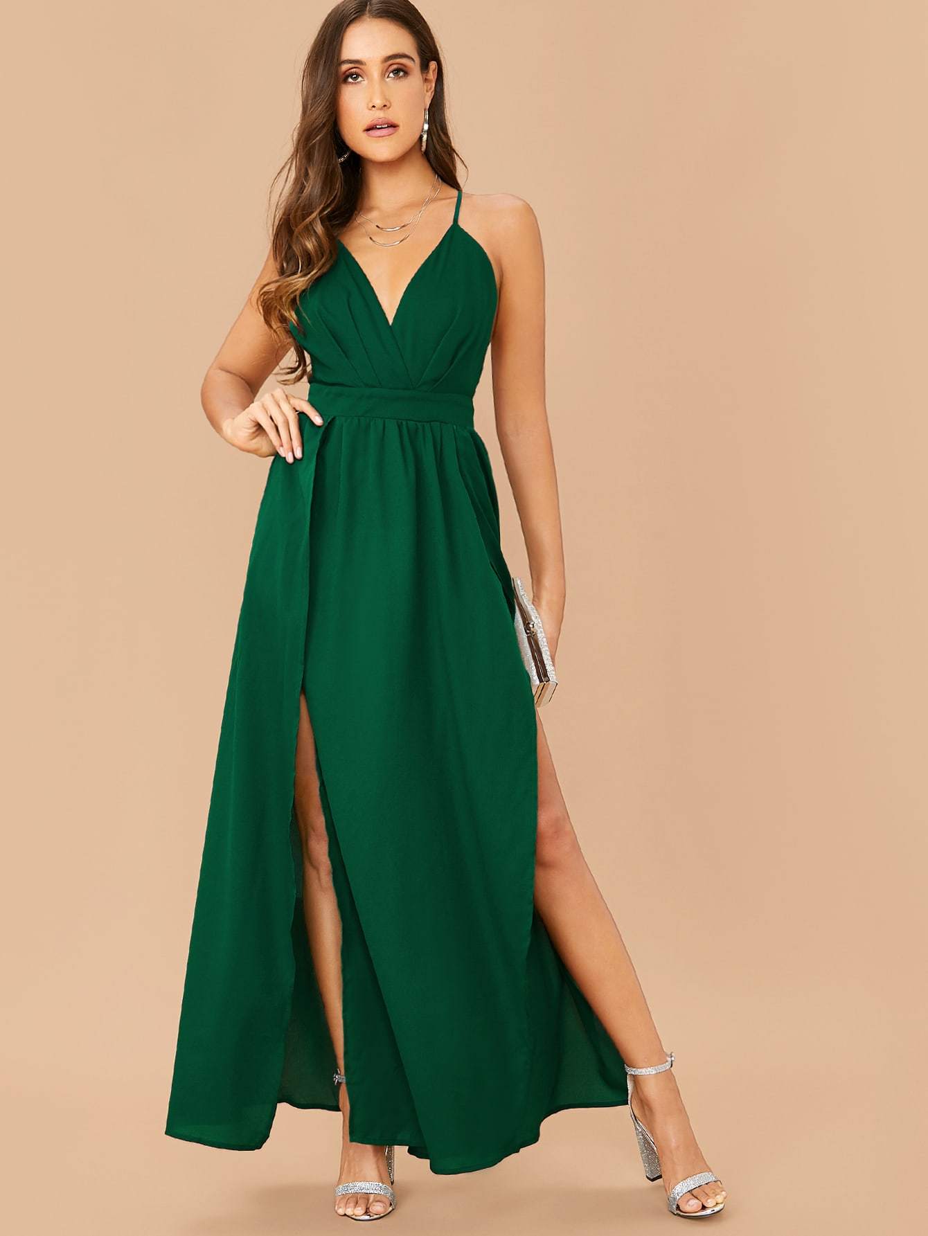 Sleeveless Crisscross Open Back High Split Halter Dress