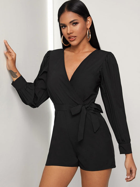 Black Surplice Neck Puff Sleeve Self Tie Romper Jumpsuit