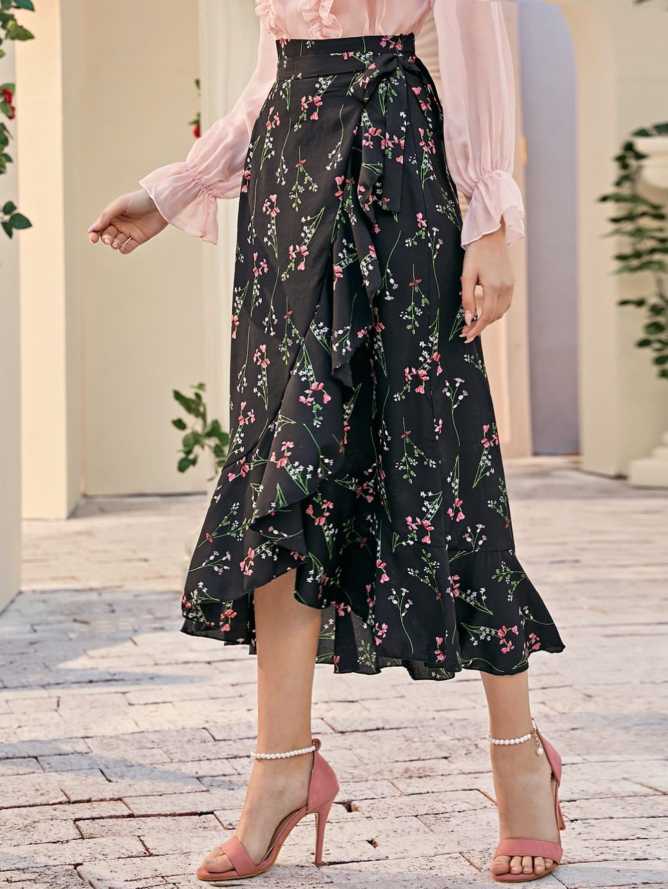 Black High Waist Boho Ruffle Hem Wrap Knot Skirt