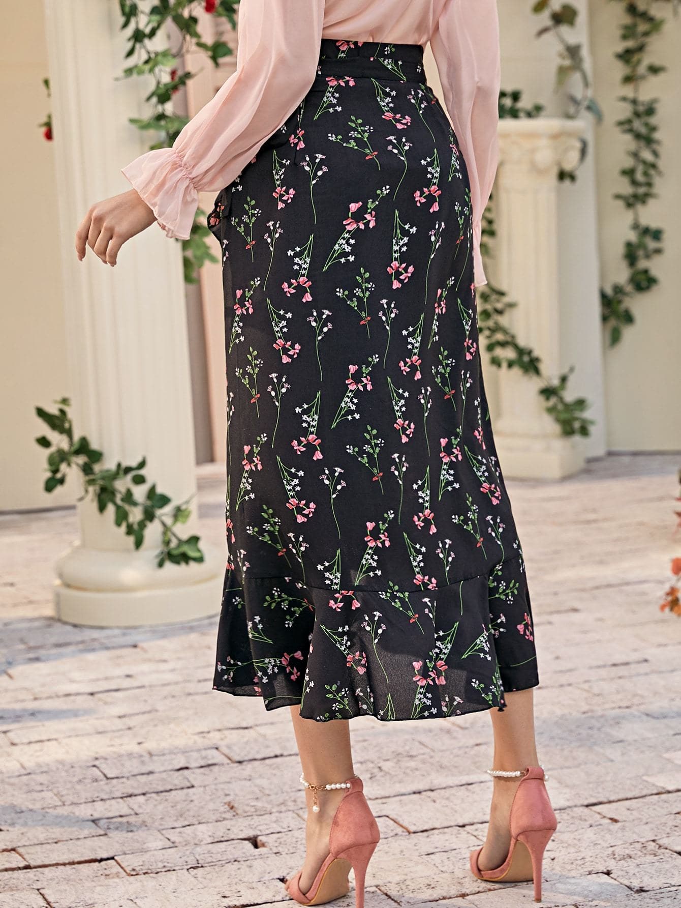 Black High Waist Boho Ruffle Hem Wrap Knot Skirt