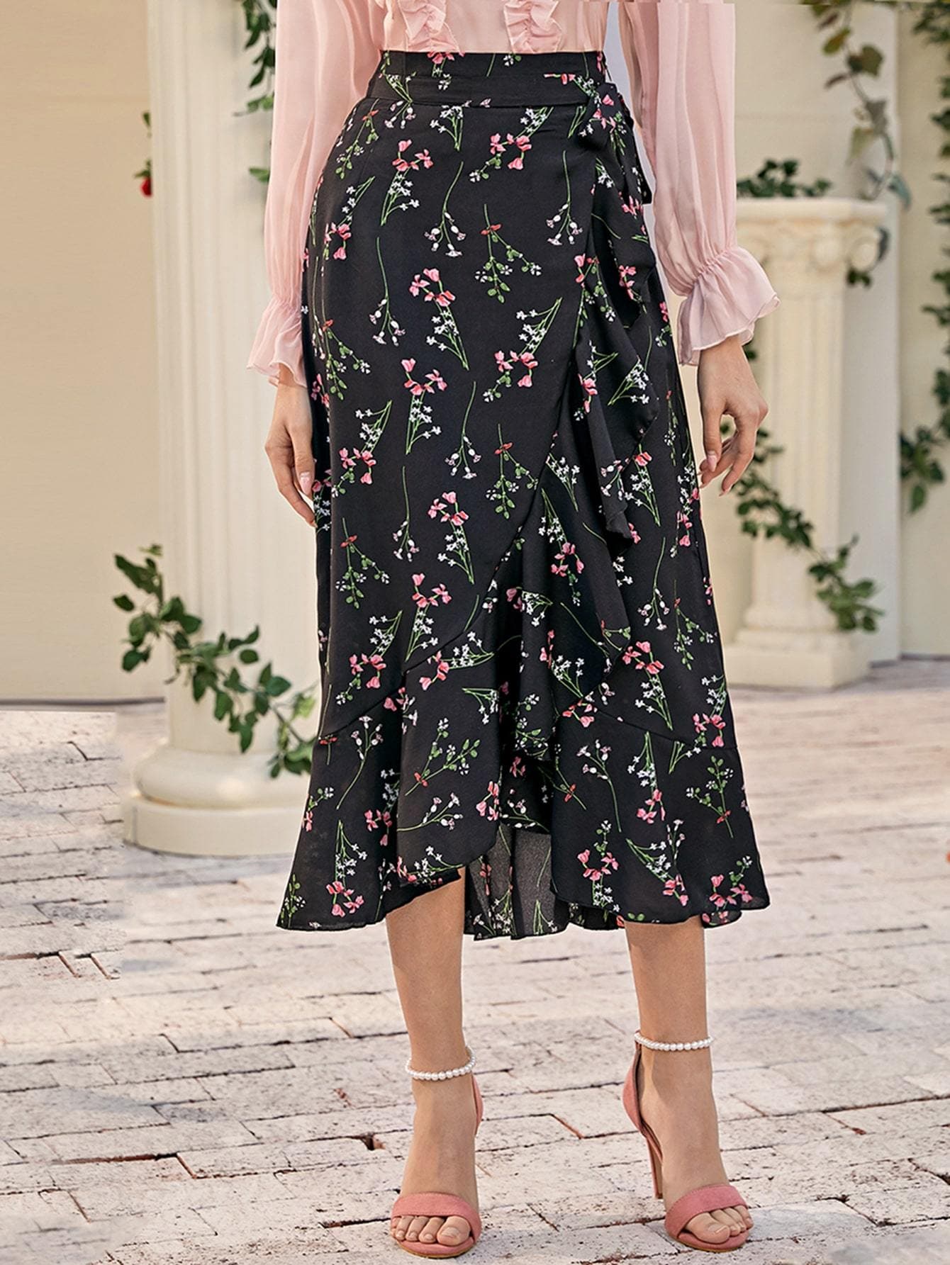 Black High Waist Boho Ruffle Hem Wrap Knot Skirt