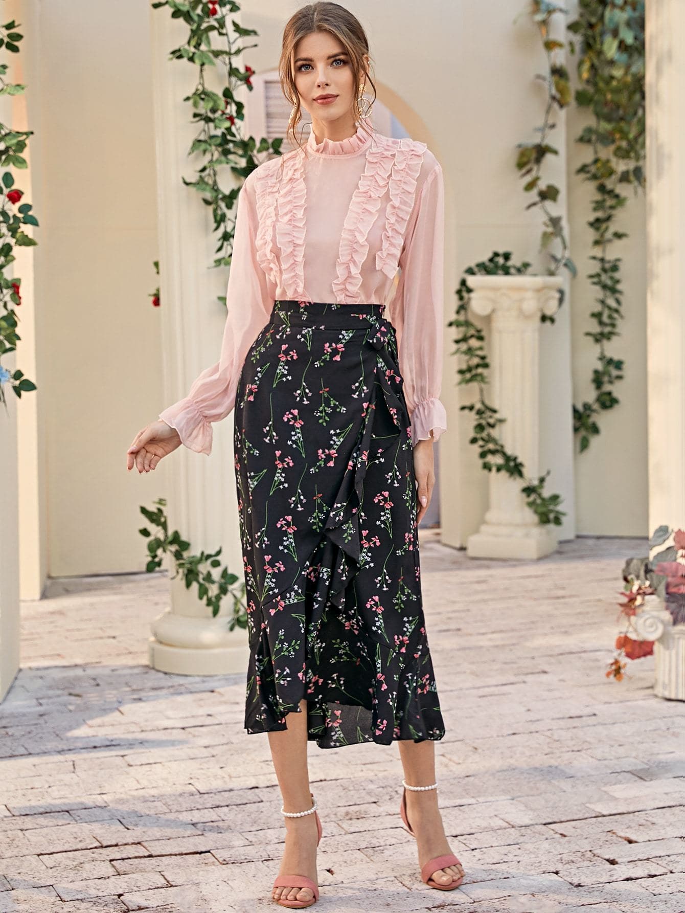 Black High Waist Boho Ruffle Hem Wrap Knot Skirt