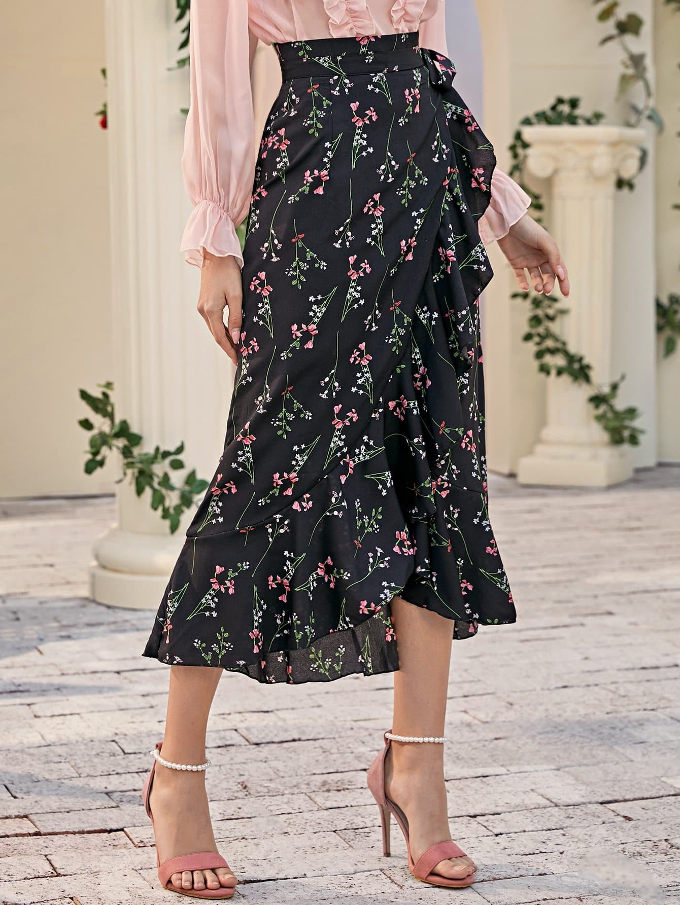 Black High Waist Boho Ruffle Hem Wrap Knot Skirt