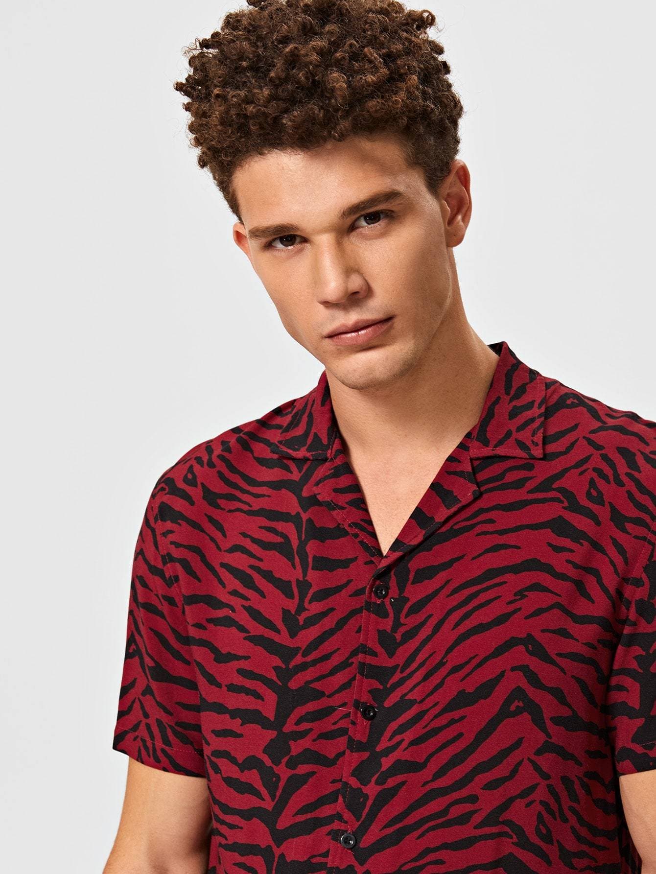 Button Front Men Notched Collar Tiger Striped Shirt