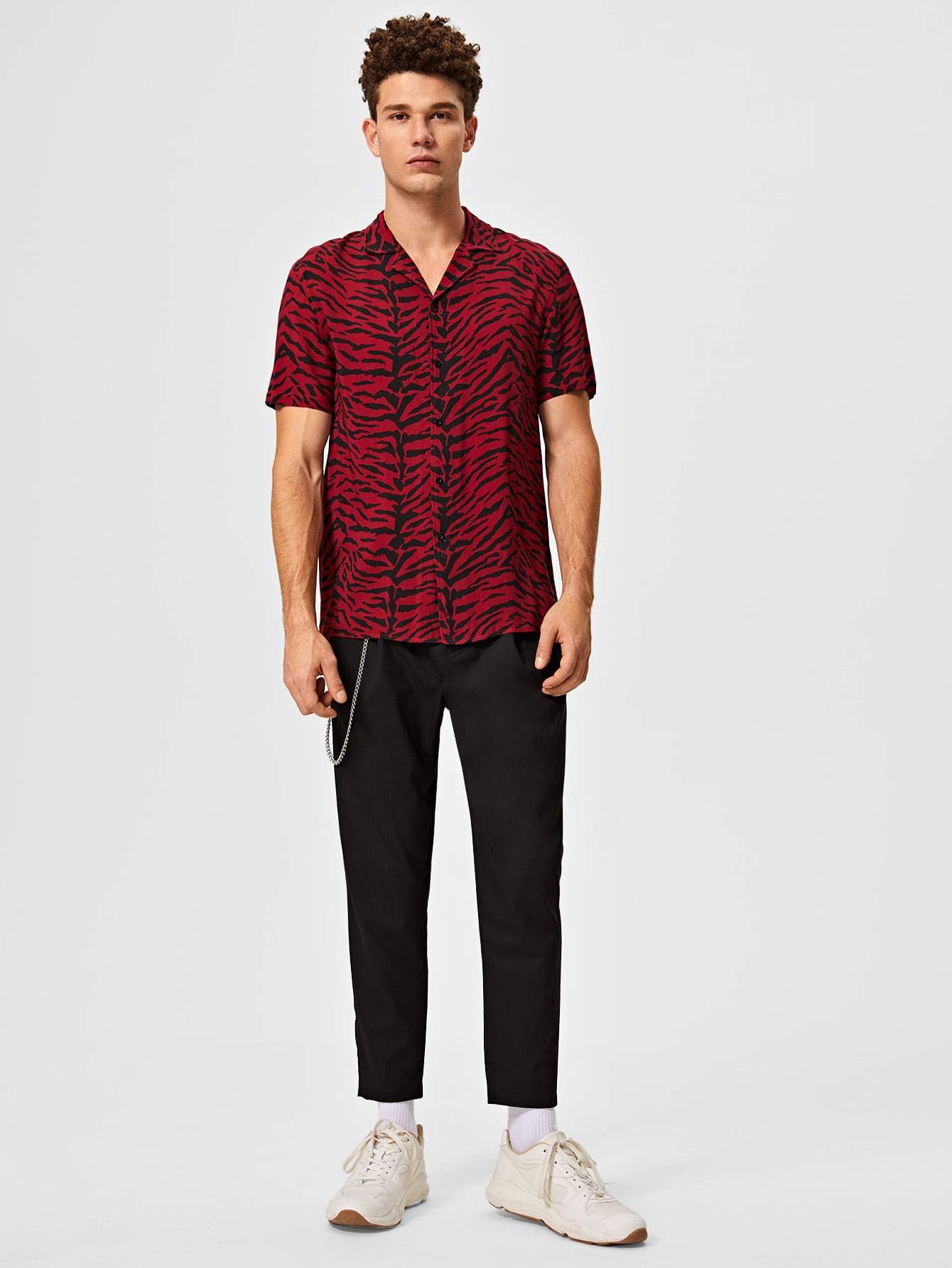 Button Front Men Notched Collar Tiger Striped Shirt