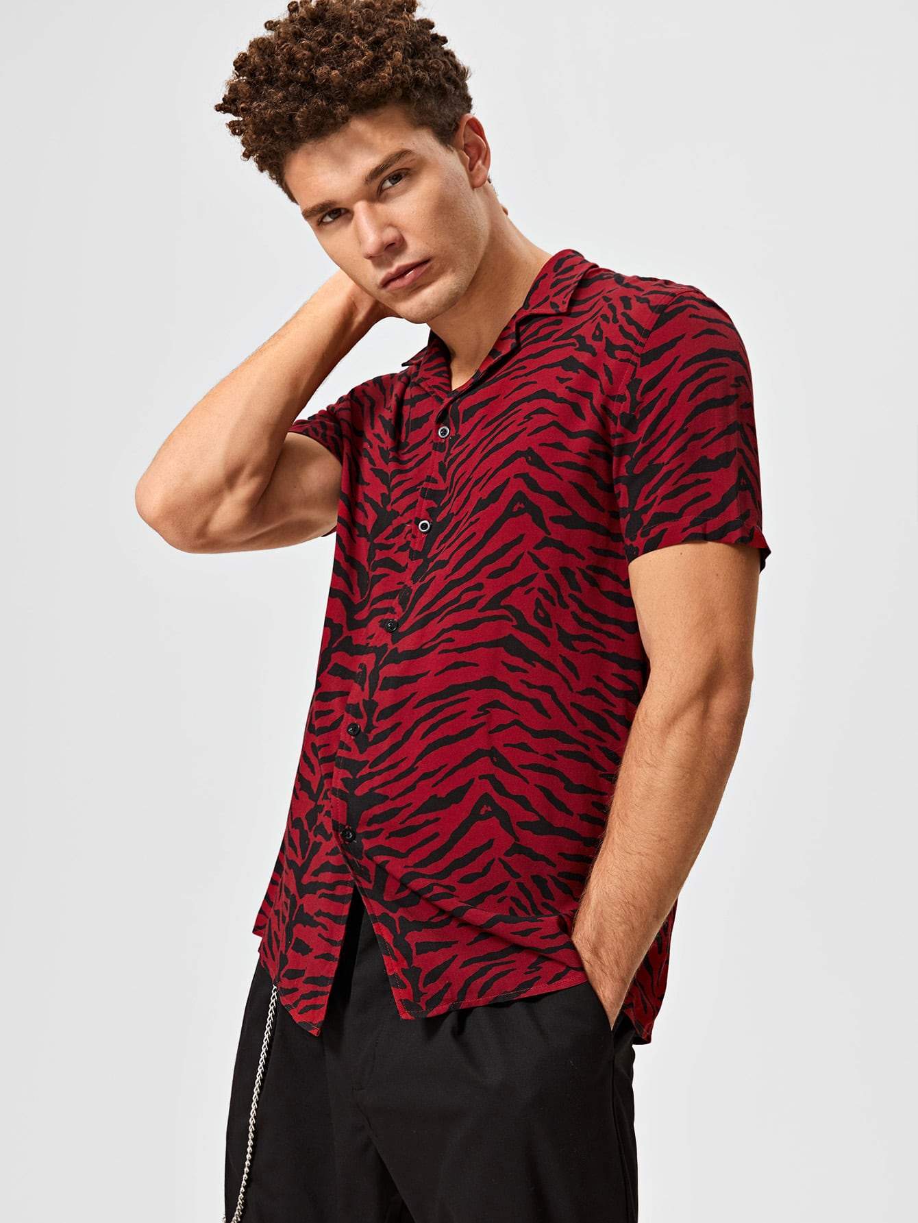 Button Front Men Notched Collar Tiger Striped Shirt