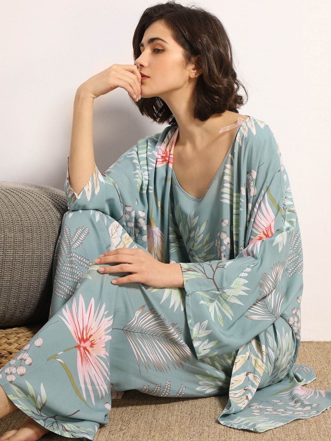 Satin crane print online pyjama set