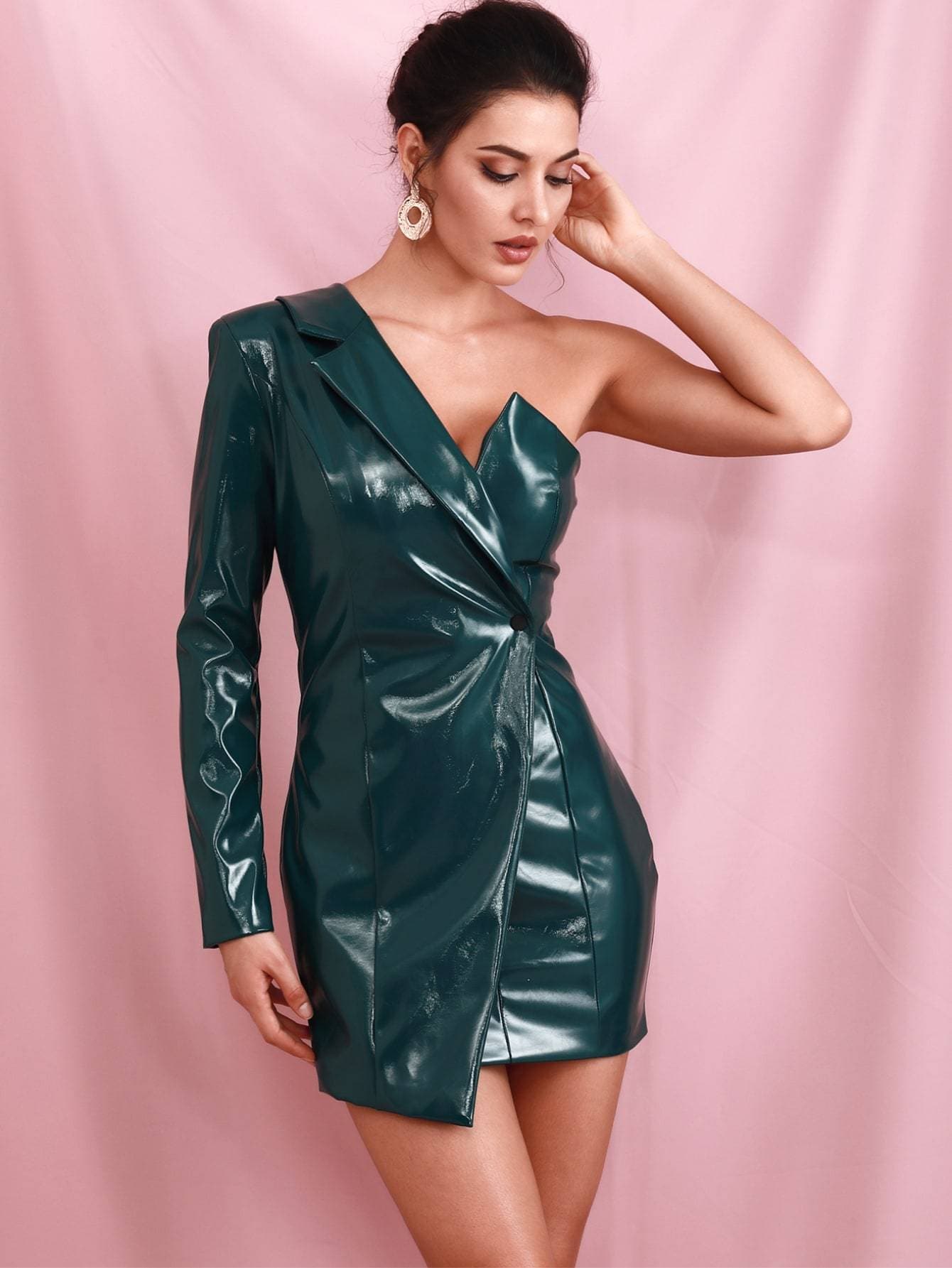 Green High Waist One Shoulder Faux Patent Wrap Dress