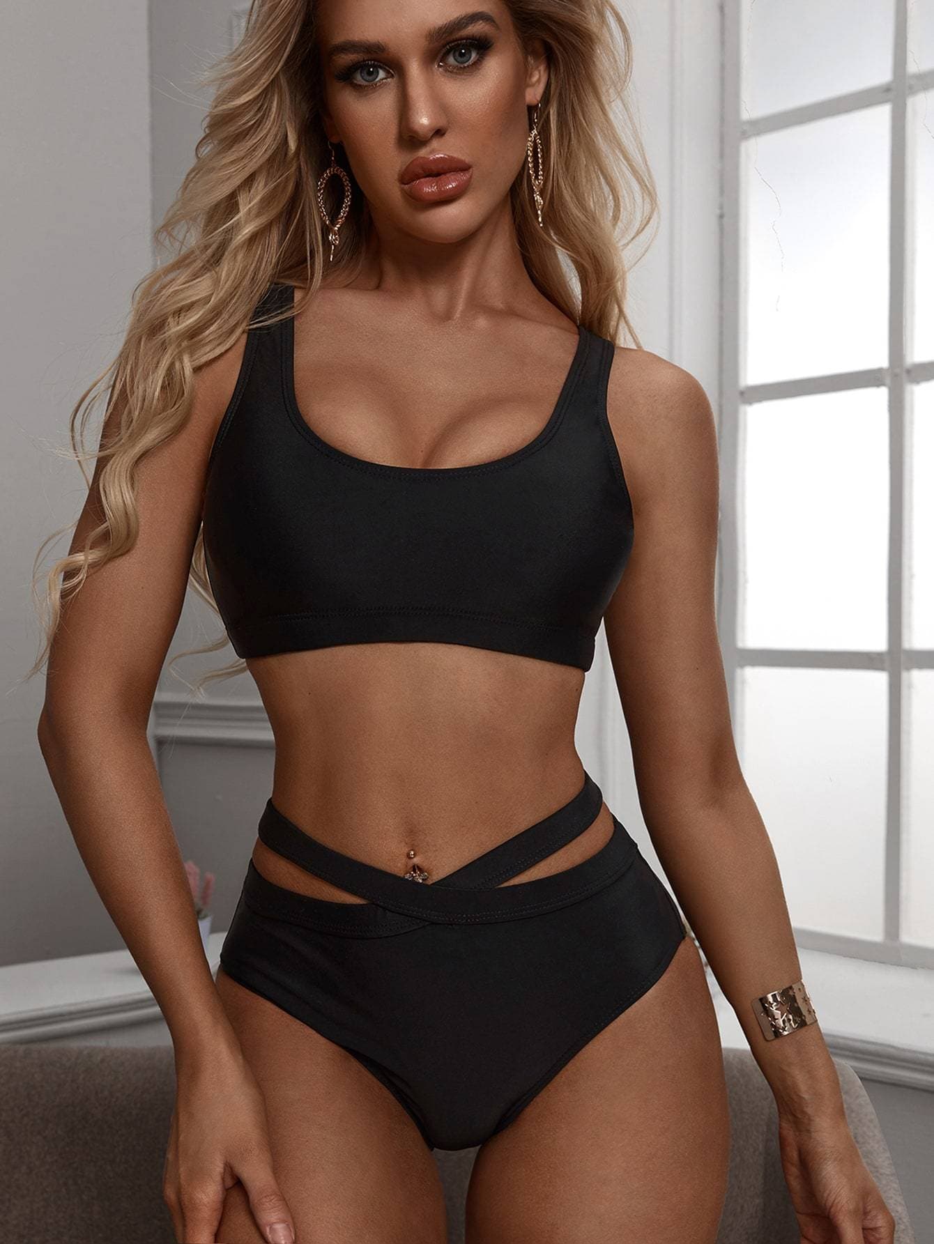 Scoop Neck Criss Cross Back High Waist Bikini Swimsuit