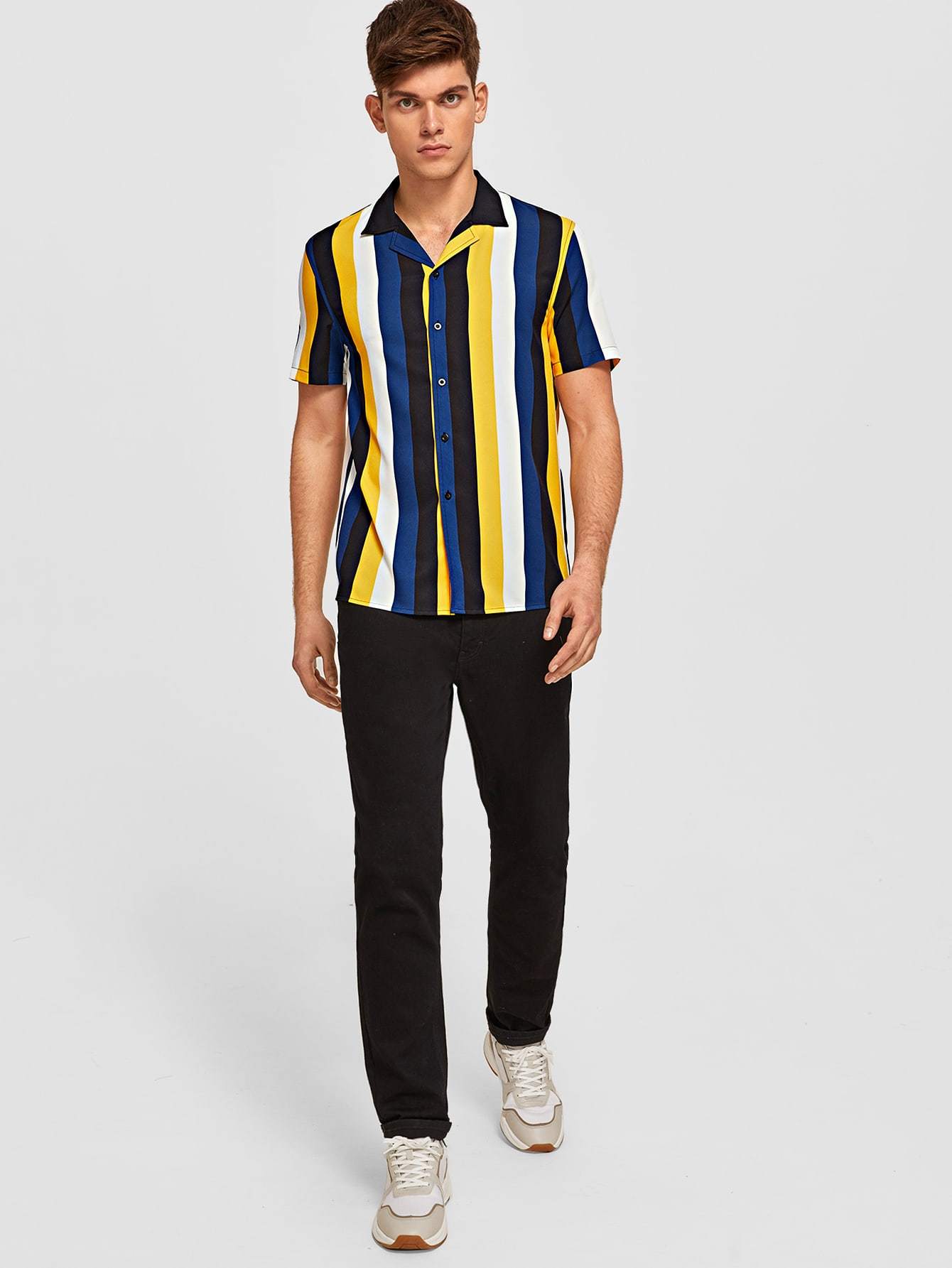 Button Front Revere Collar Colorblock Striped Shirt