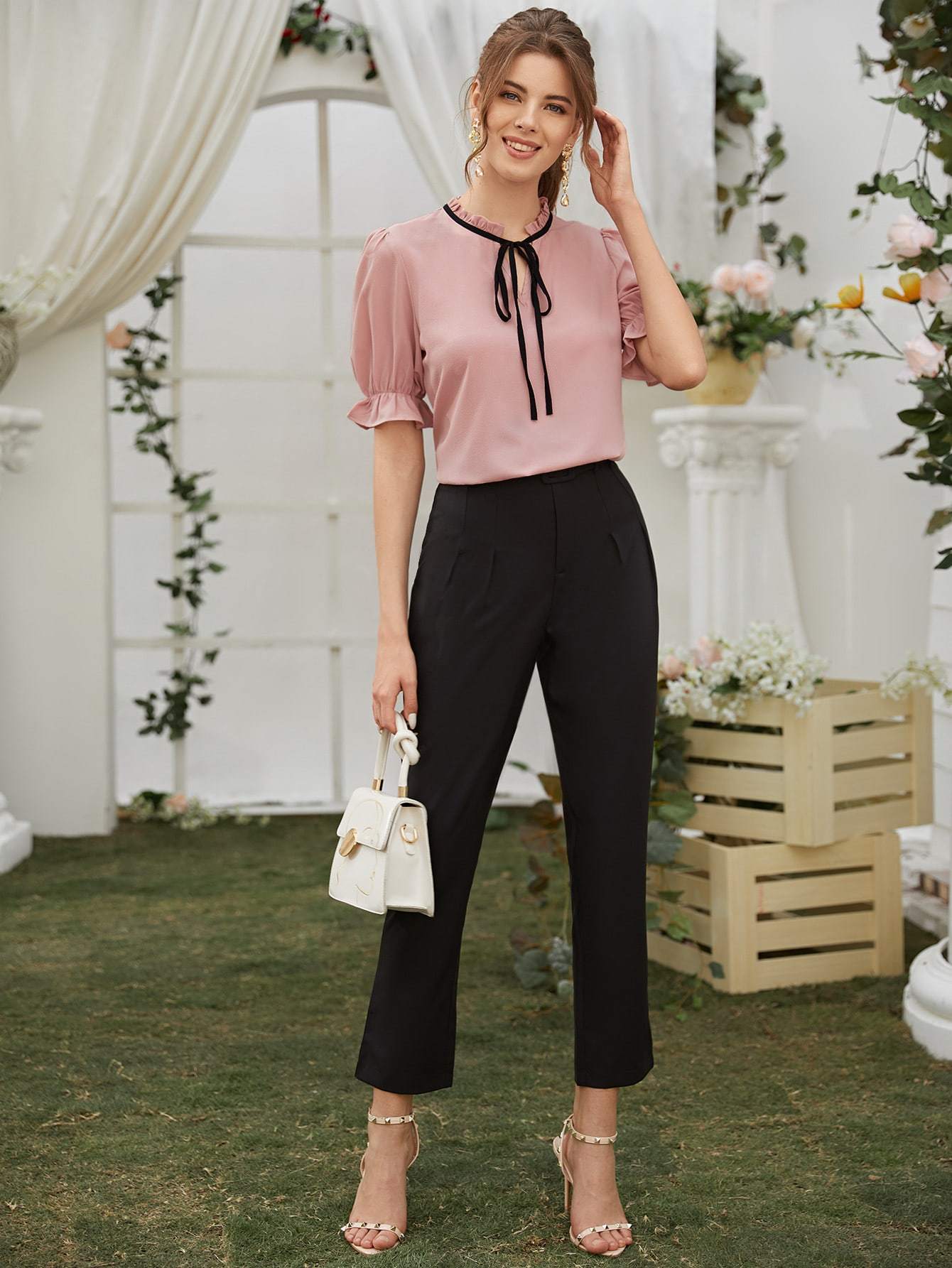 Tie Neck Flounce Sleeve Stand Collar Blouse Top