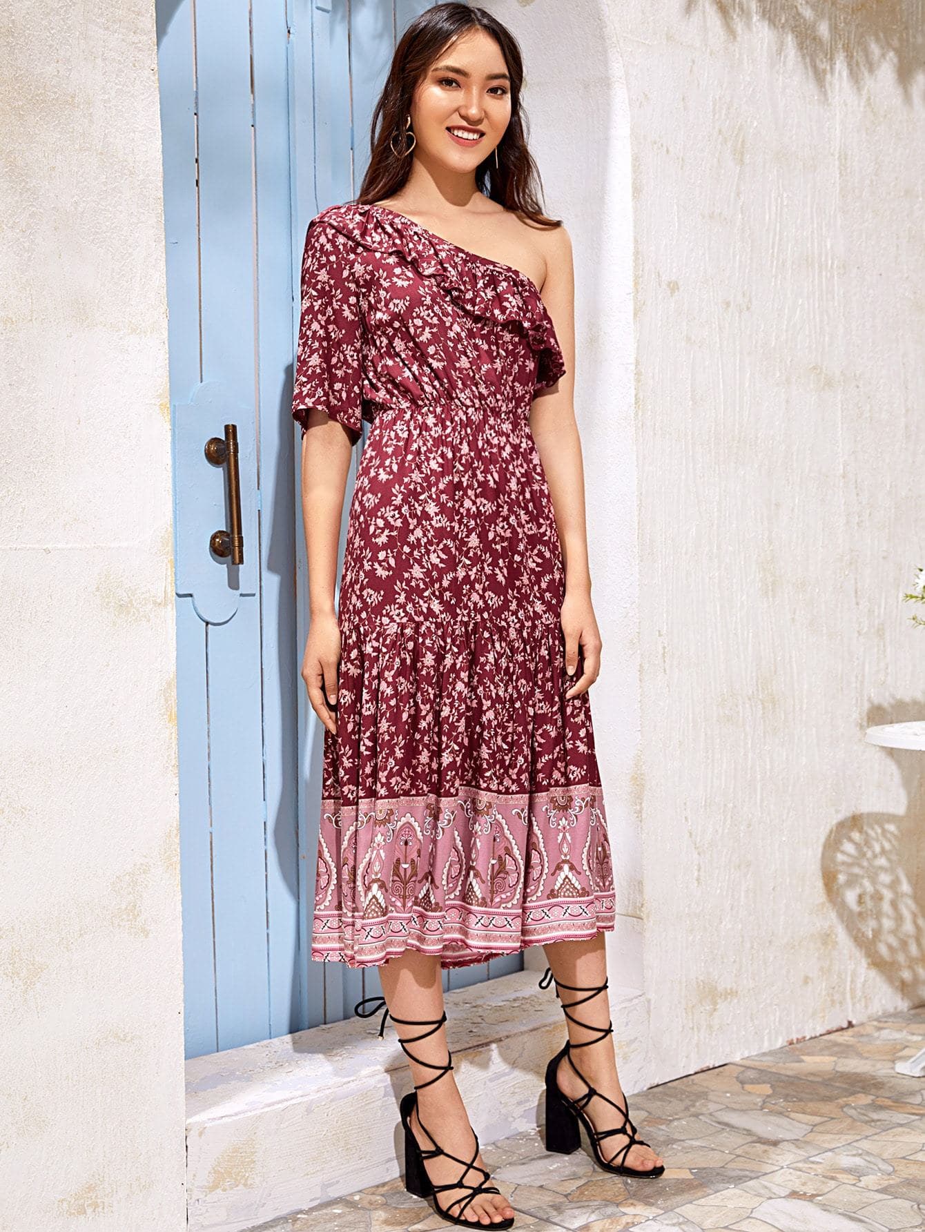 Burgundy One Shoulder Flippy Hem Floral Dress