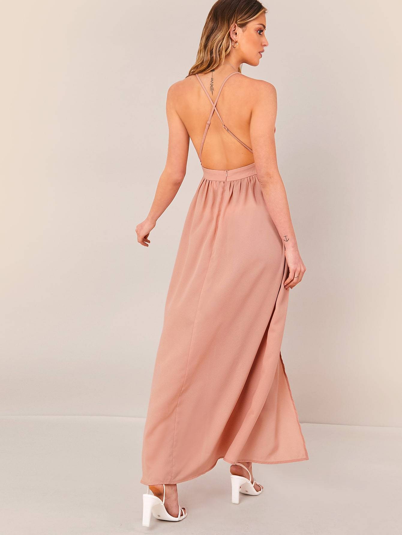 Sleeveless Crisscross Open Back High Split Halter Dress