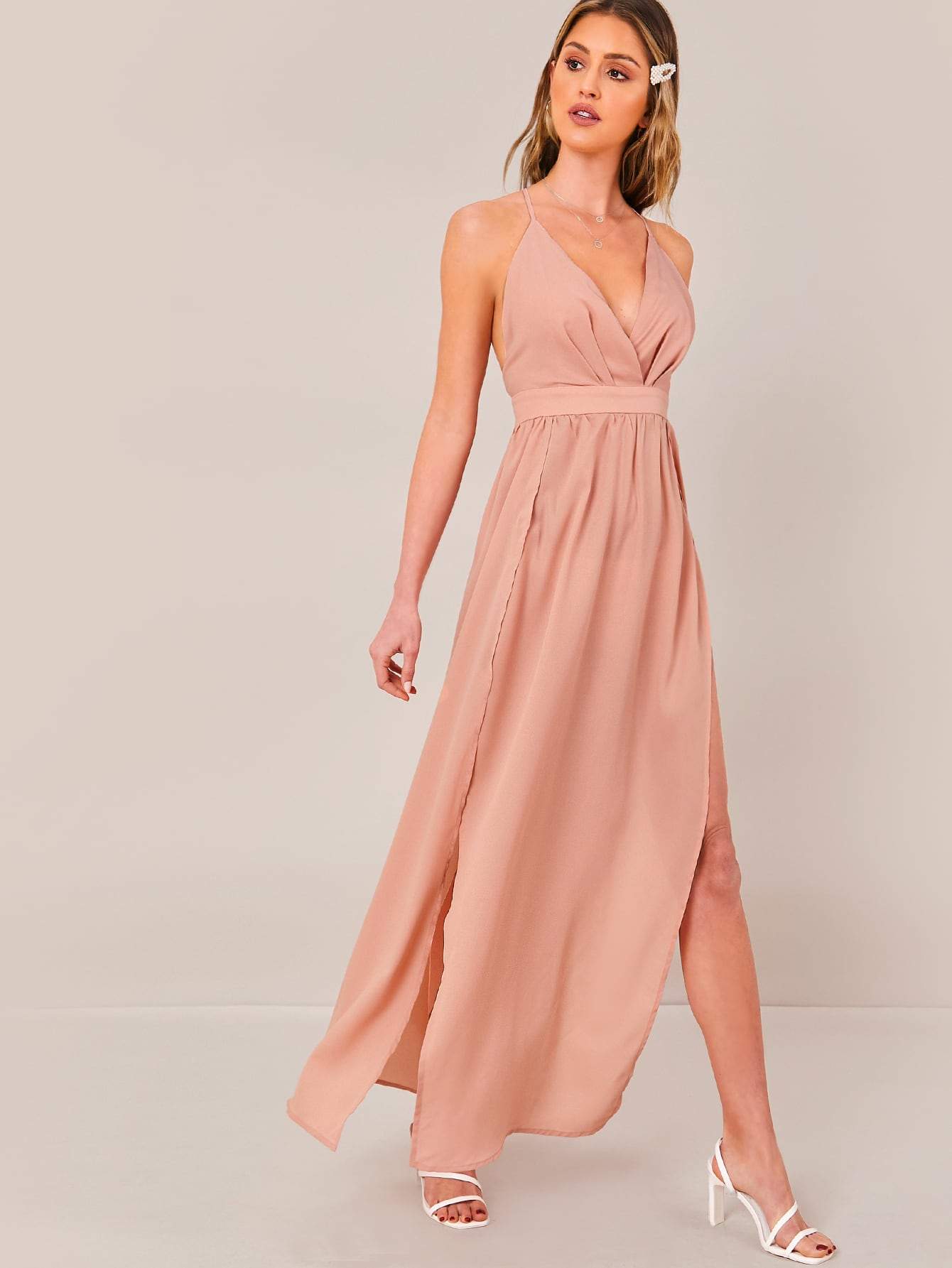 Sleeveless Crisscross Open Back High Split Halter Dress