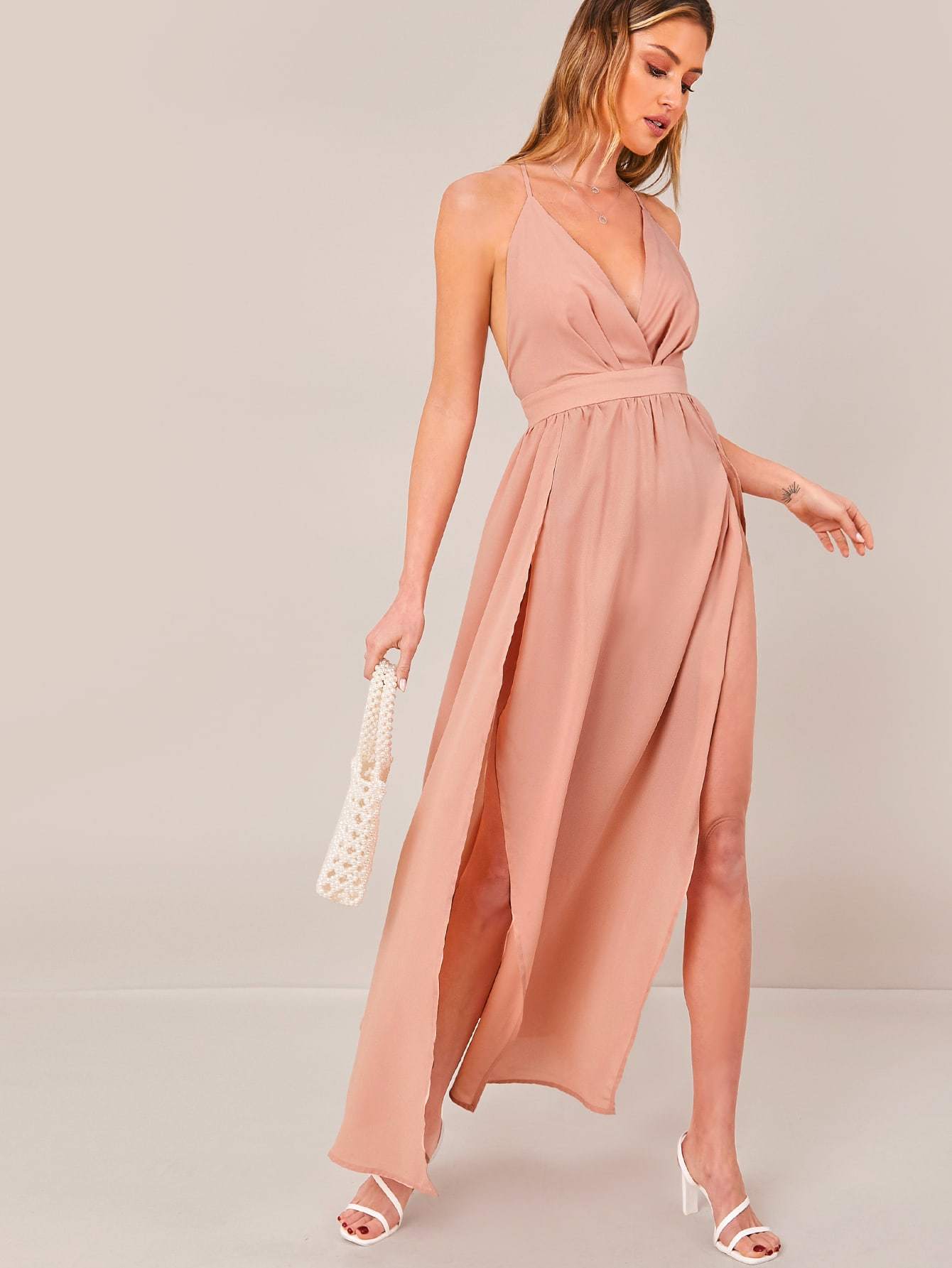 Sleeveless Crisscross Open Back High Split Halter Dress