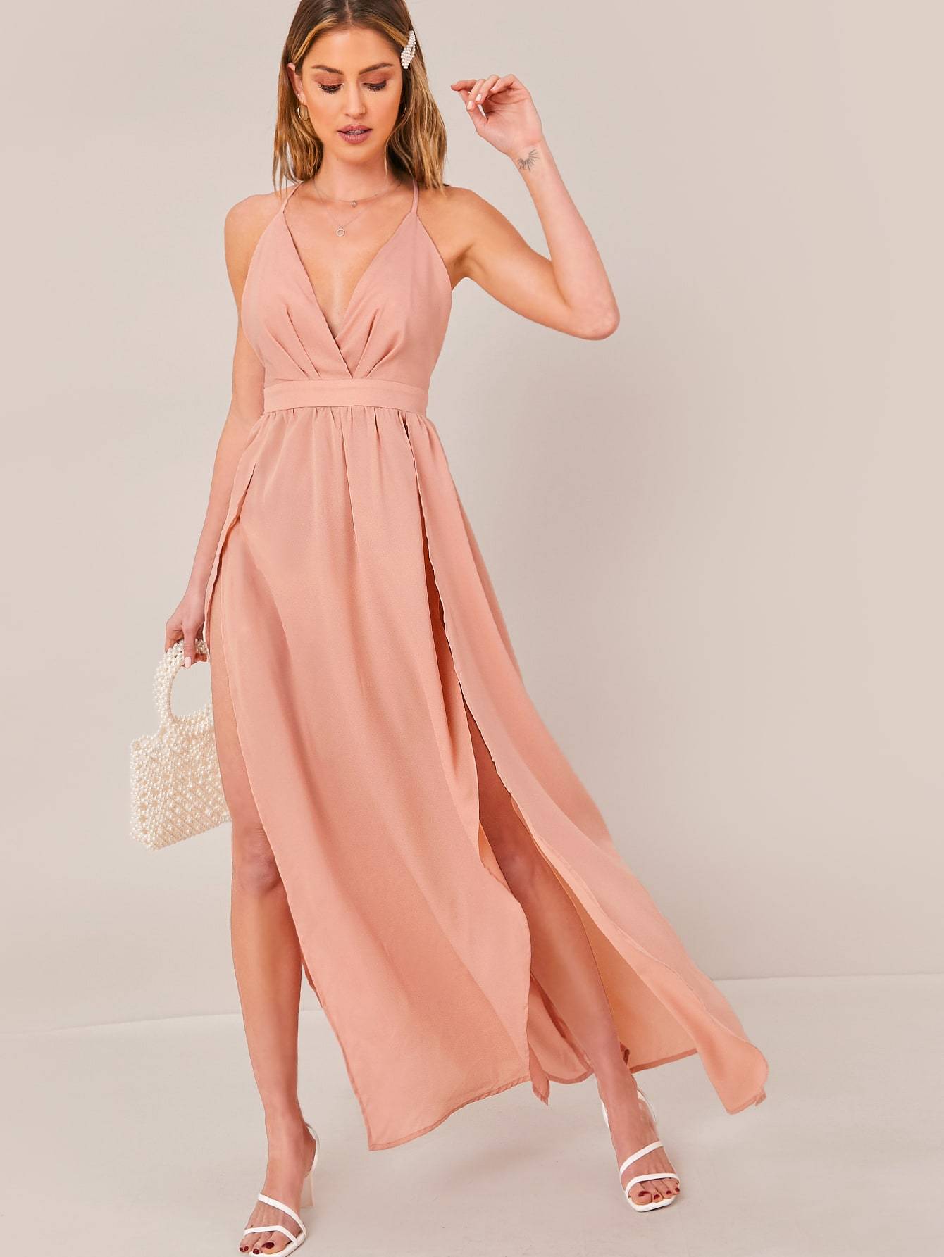 Sleeveless Crisscross Open Back High Split Halter Dress