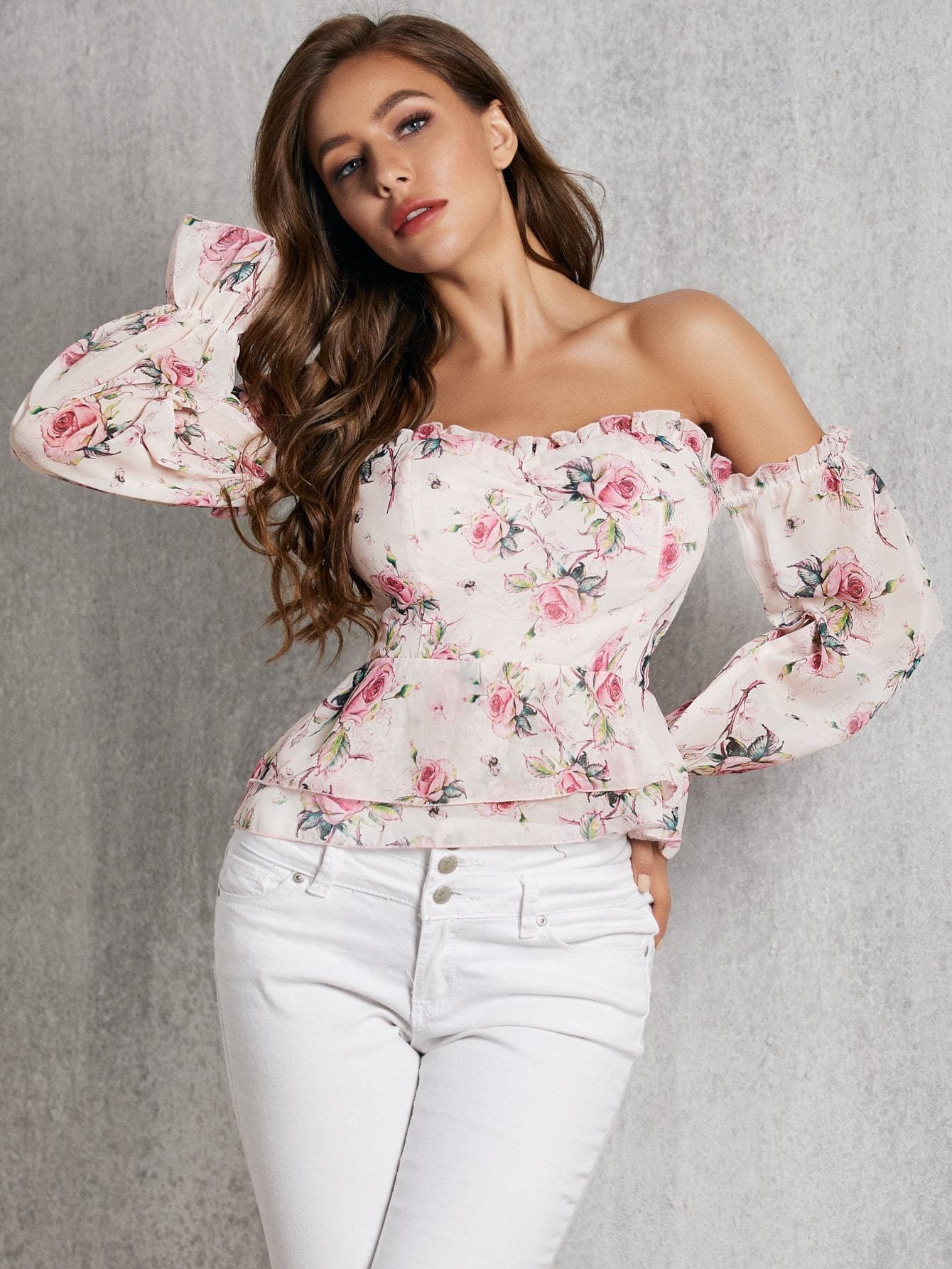 Slim Fit Off Shoulder Shirred Floral Print Peplum Top
