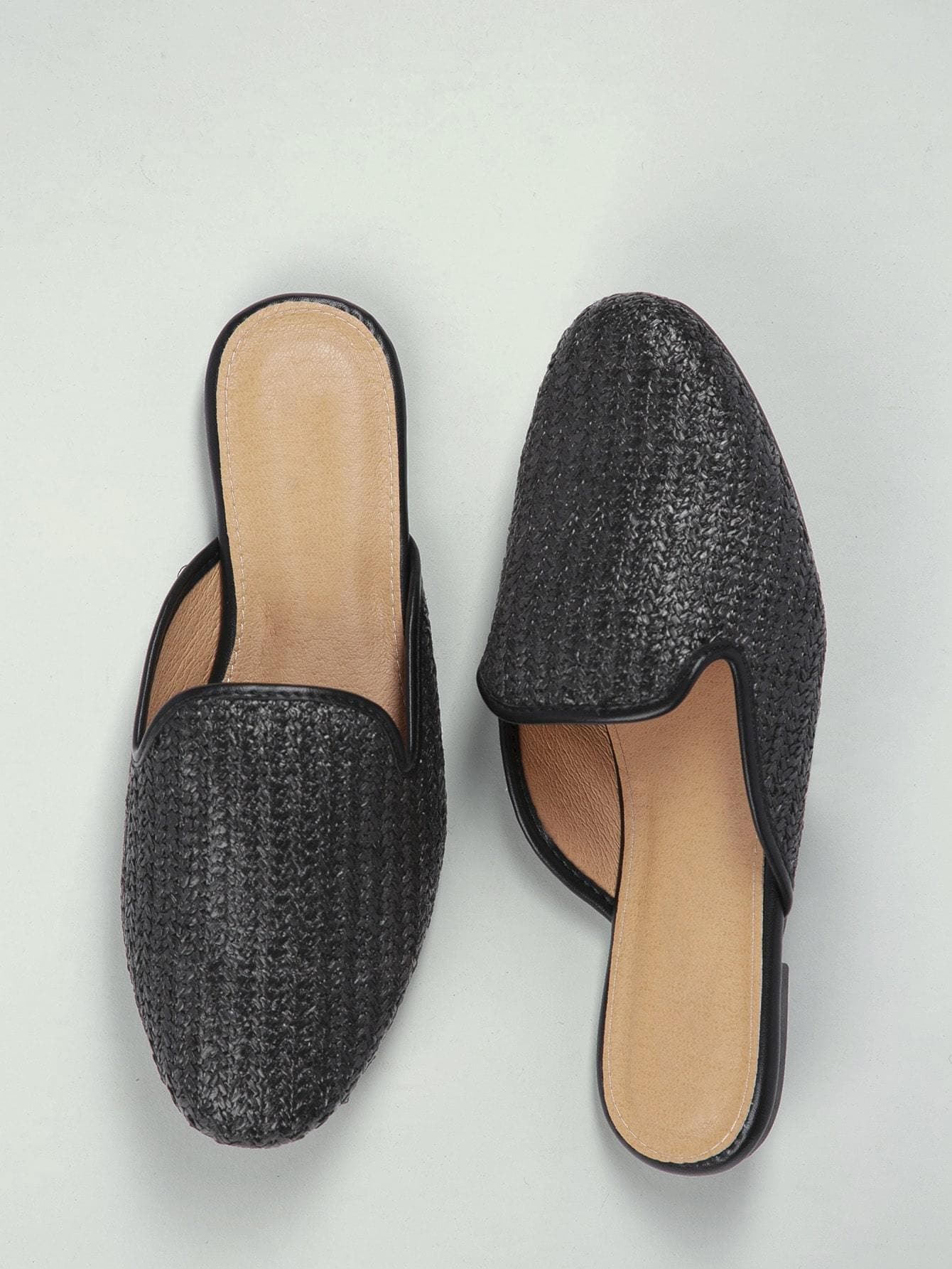 Woven Straw Almond Toe Flat Mules