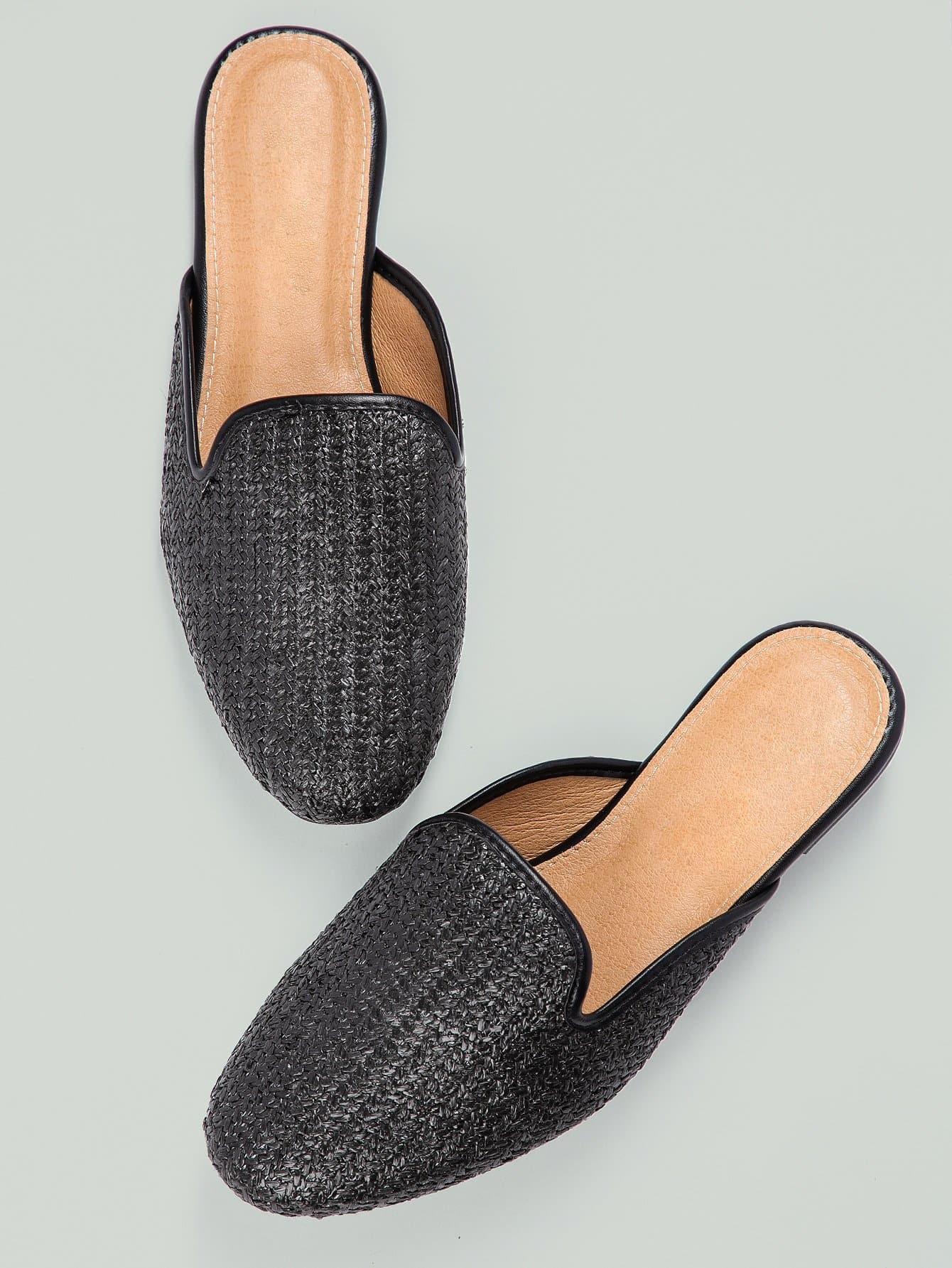 Woven Straw Almond Toe Flat Mules