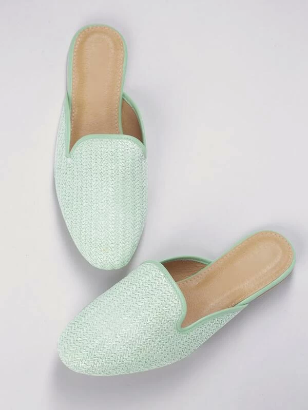 Woven Straw Almond Toe Flat Mules