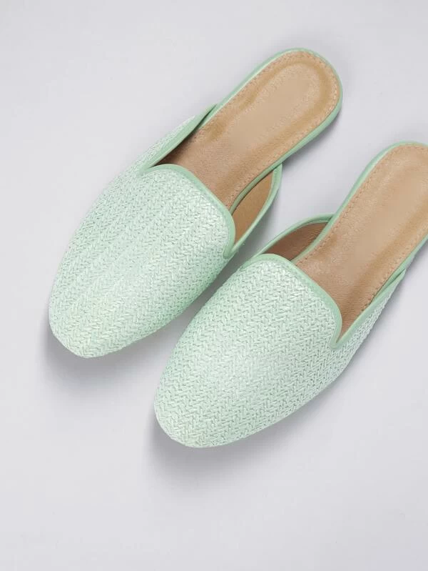 Woven Straw Almond Toe Flat Mules