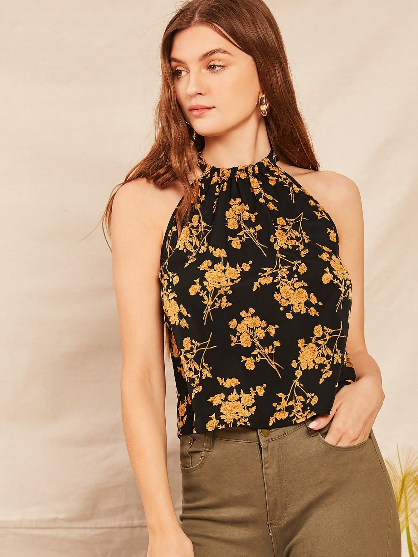 Tie Back Floral Print Halter Top