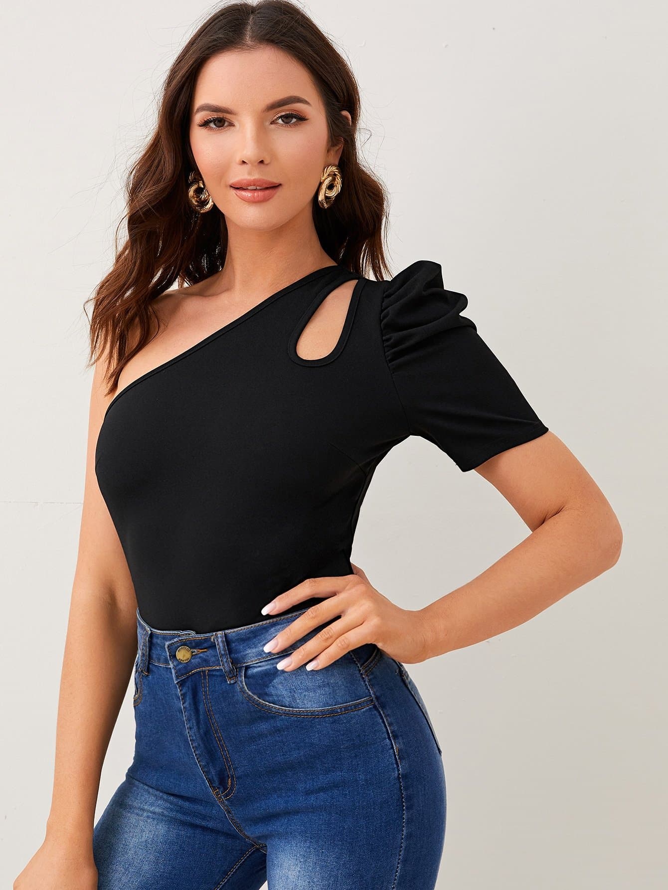 One Shoulder Cut-out Puff Sleeve Slim Fit Top