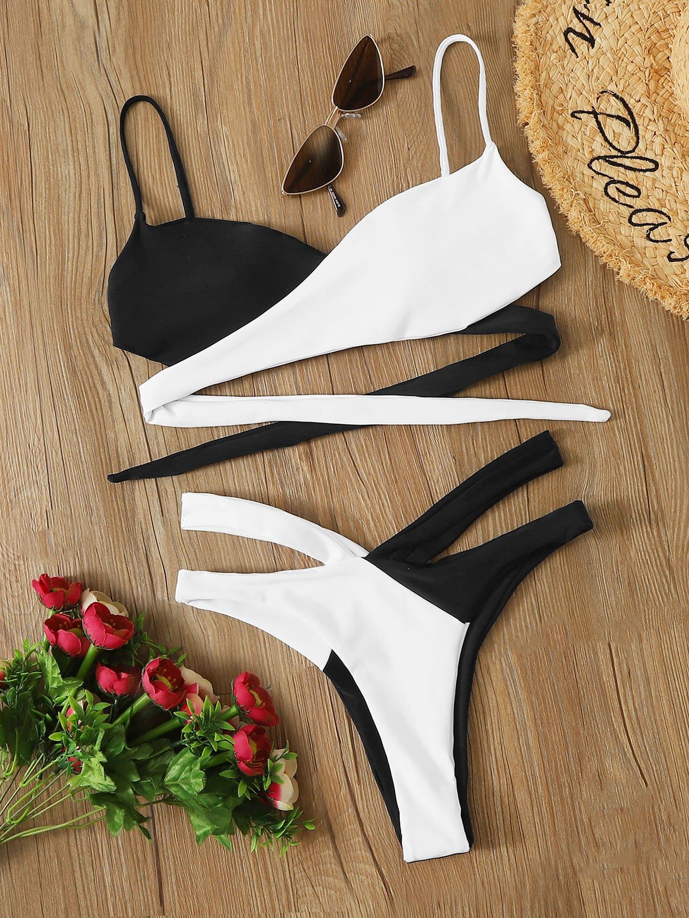 Spaghetti Strap Two Tone Wrap High Cut Bikini Swimsuit