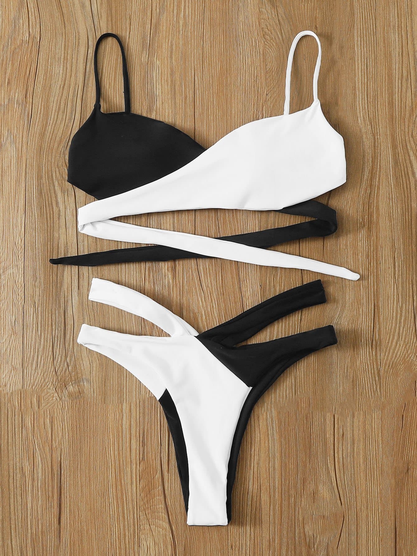 Spaghetti Strap Two Tone Wrap High Cut Bikini Swimsuit