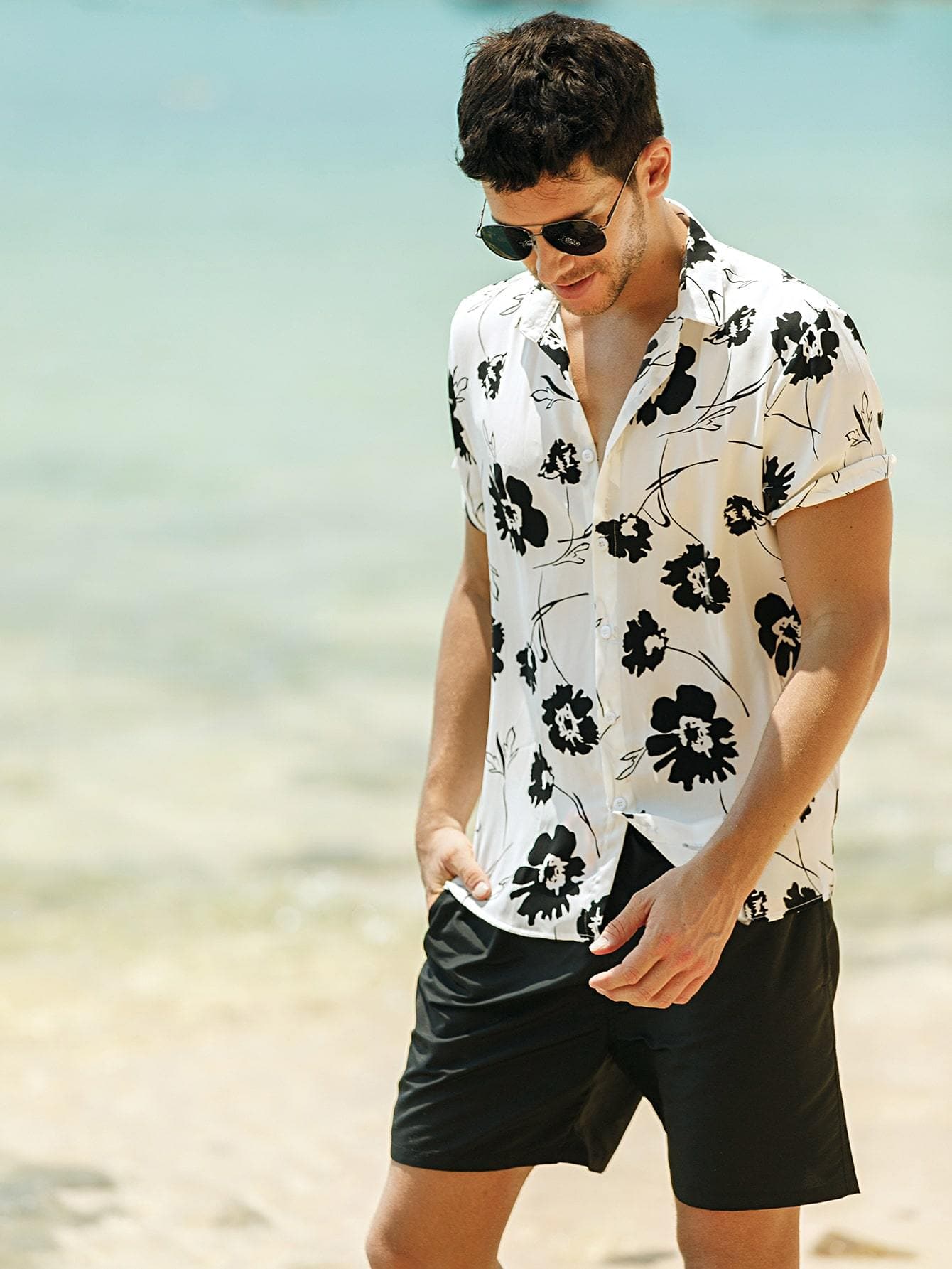 Black White Floral Print Button Up Shirt