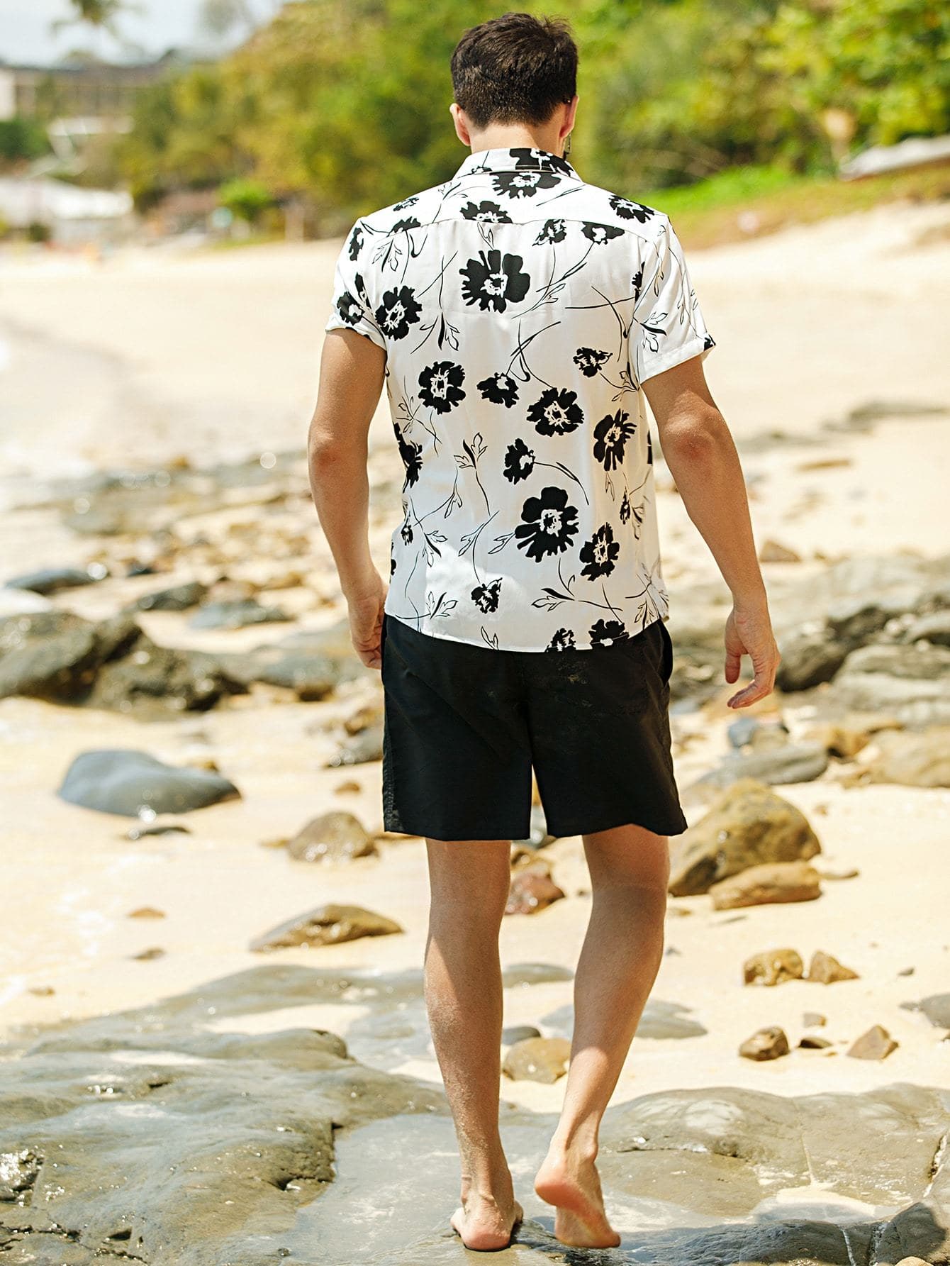 Black White Floral Print Button Up Shirt