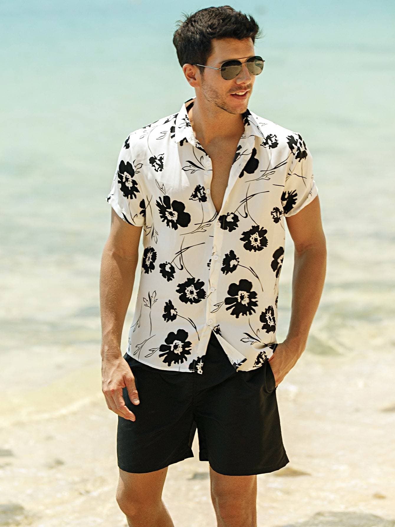 Black White Floral Print Button Up Shirt