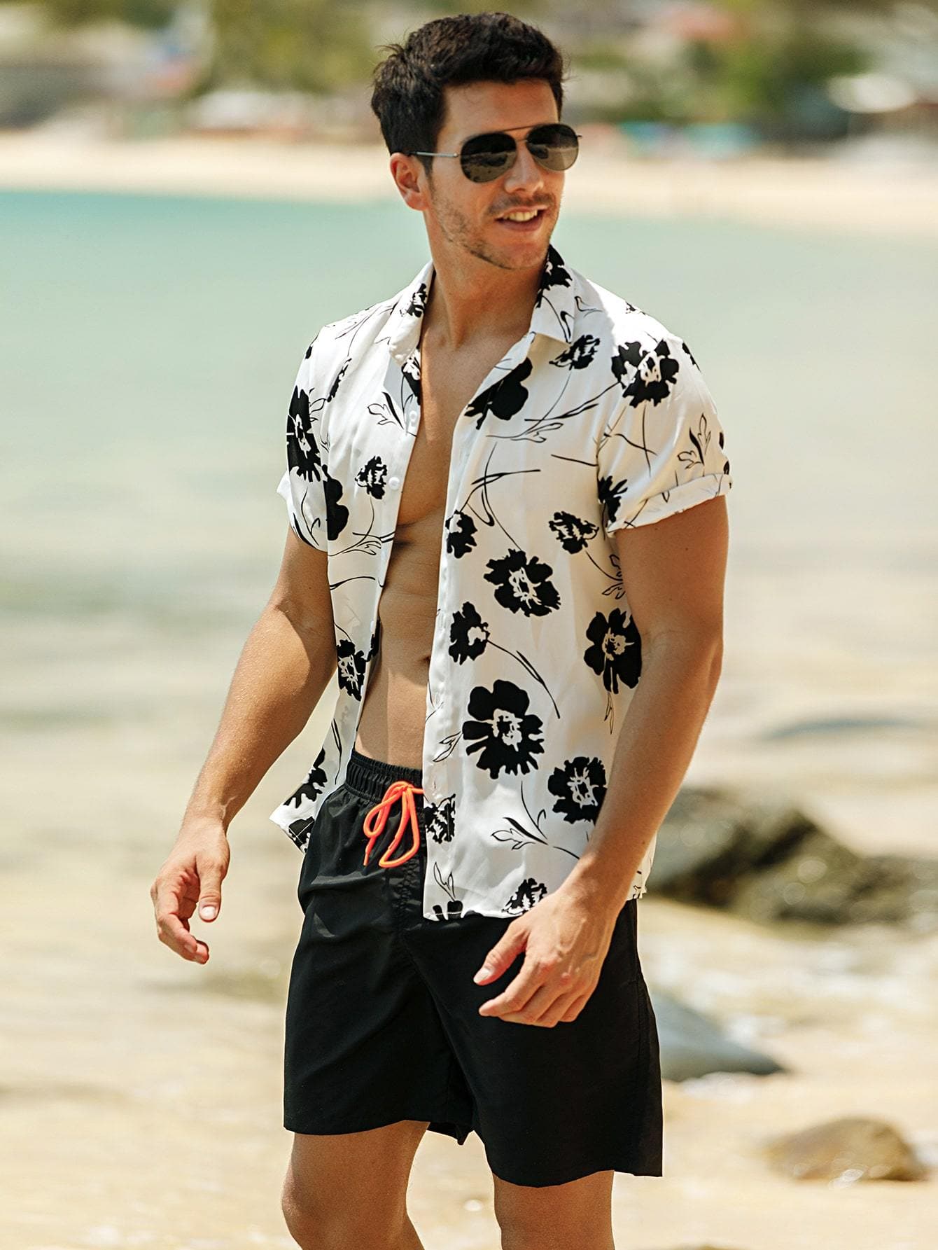 Black White Floral Print Button Up Shirt