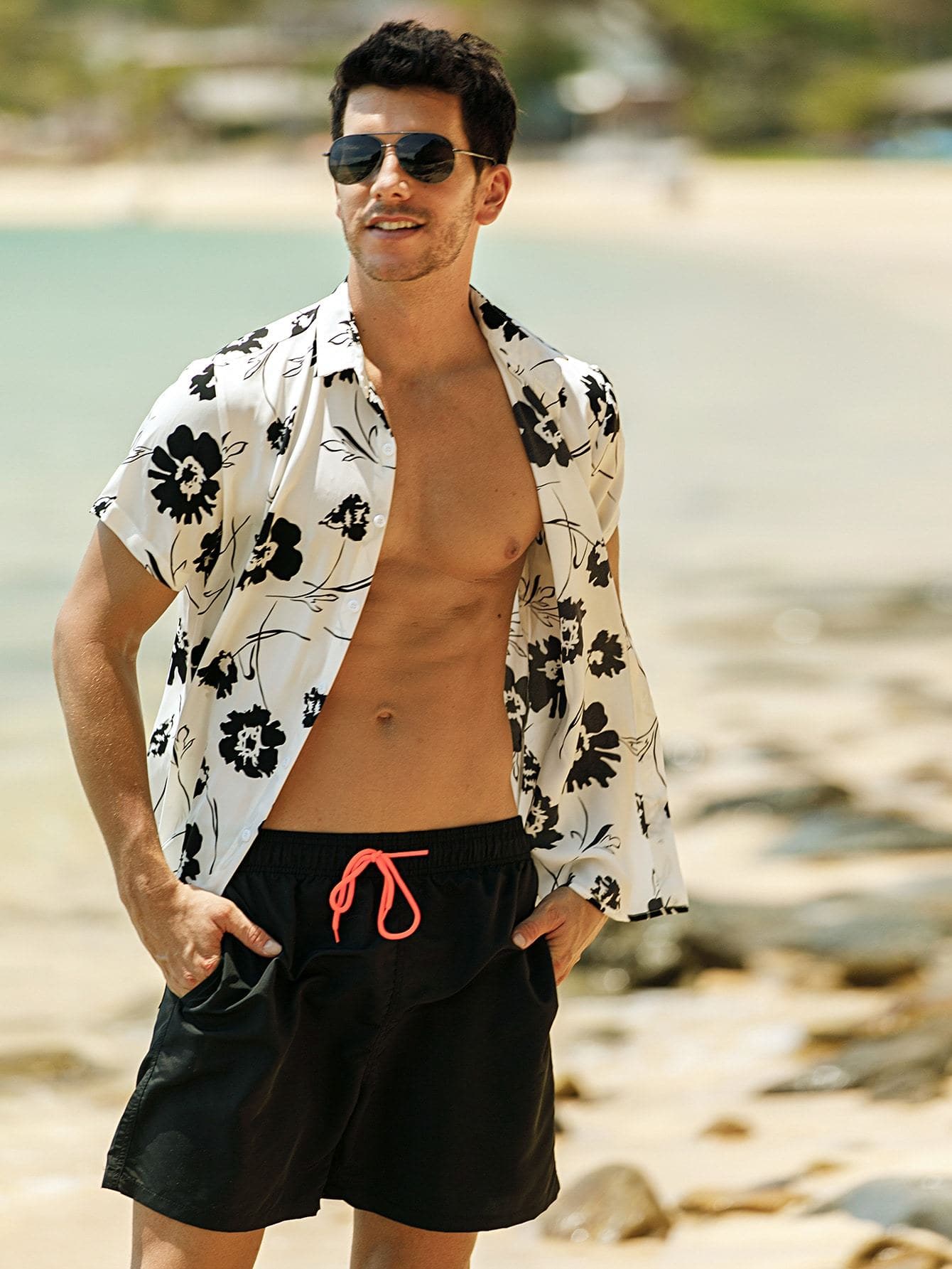 Black White Floral Print Button Up Shirt