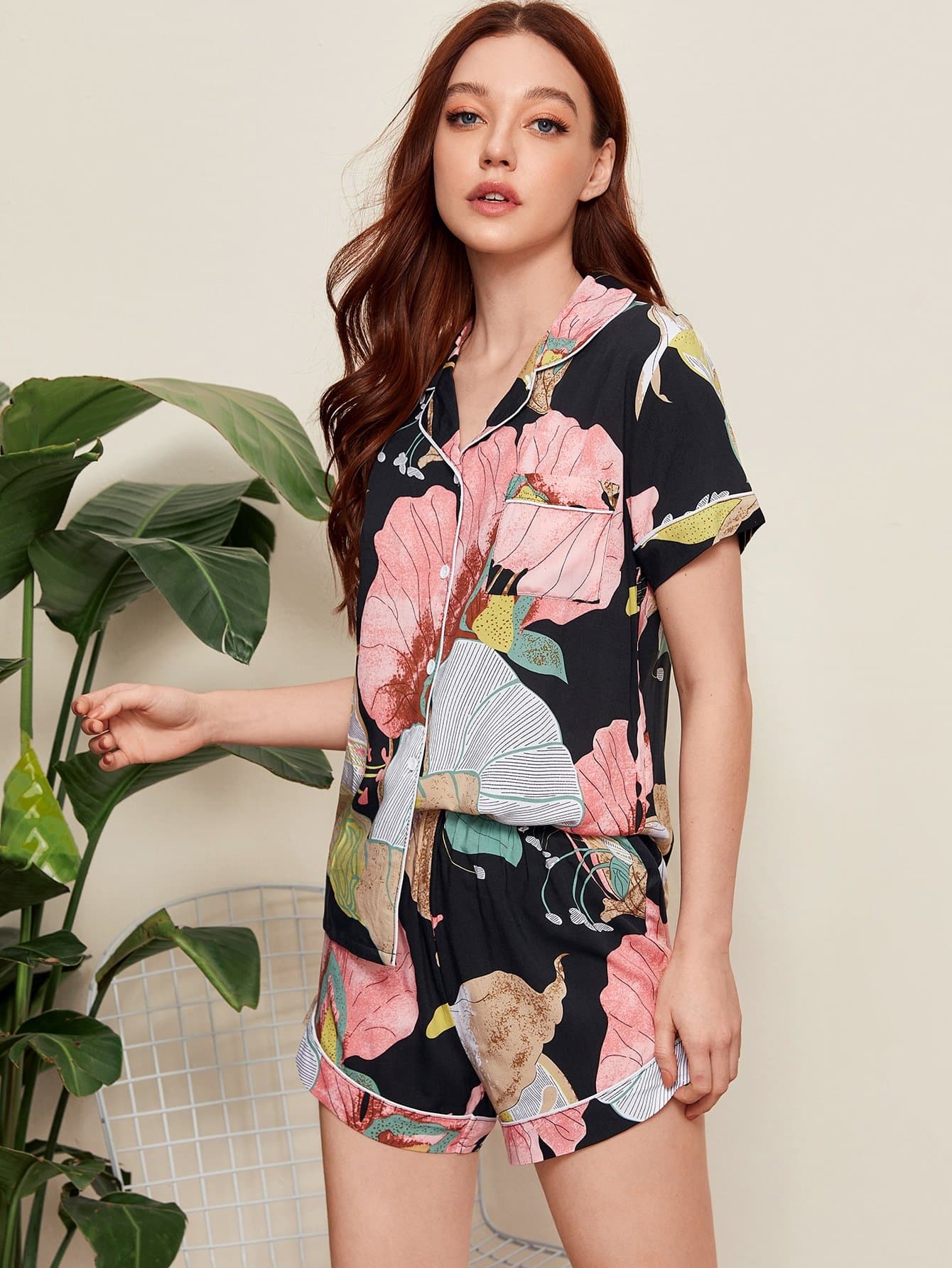 Large Floral Pocket Patched Pyjama Sleepwear Set
