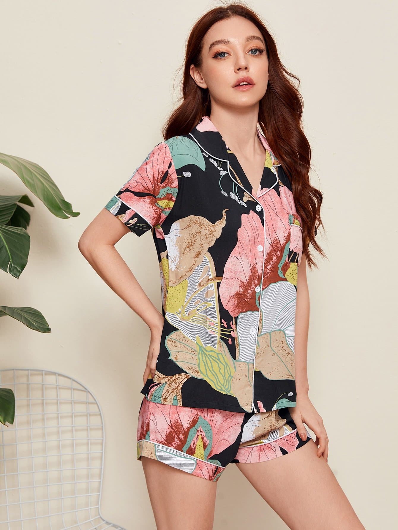 Large Floral Pocket Patched Pyjama Sleepwear Set