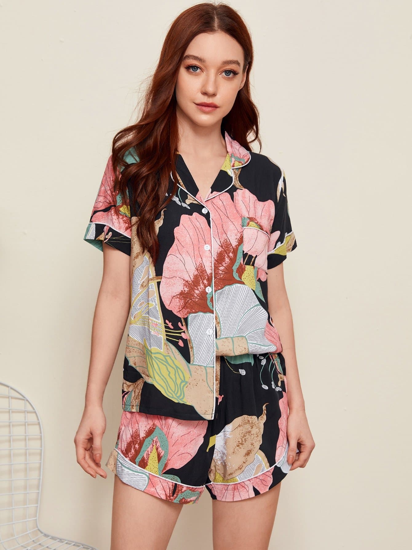 Large Floral Pocket Patched Pyjama Sleepwear Set