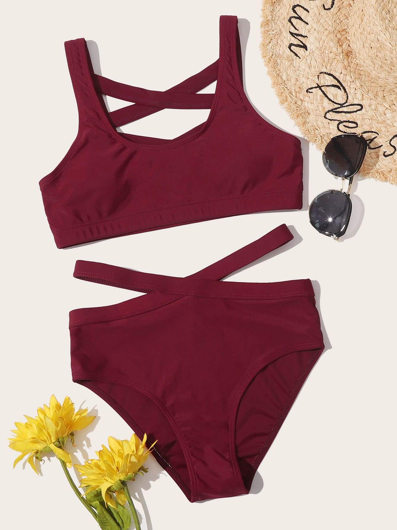 Scoop Neck Criss Cross Back High Waist Bikini Swimsuit